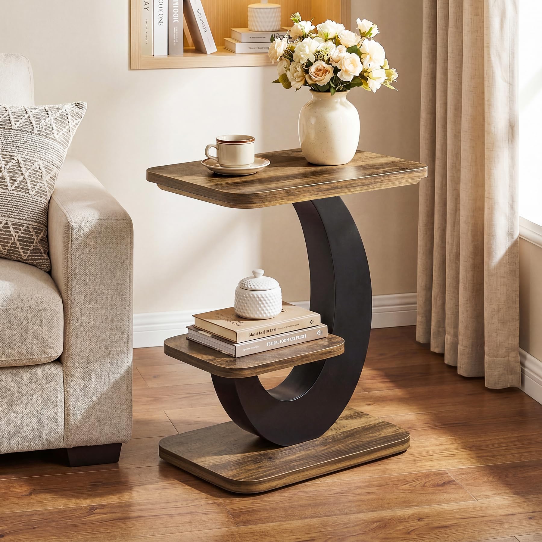 Tribesigns 2-Tier Narrow Side Table, End Table, Bedside Nightstand, Brown | Industrial Arc-Shaped Metal Frame, Storage Shelf, For Living Room, Bedroom, Small Spaces