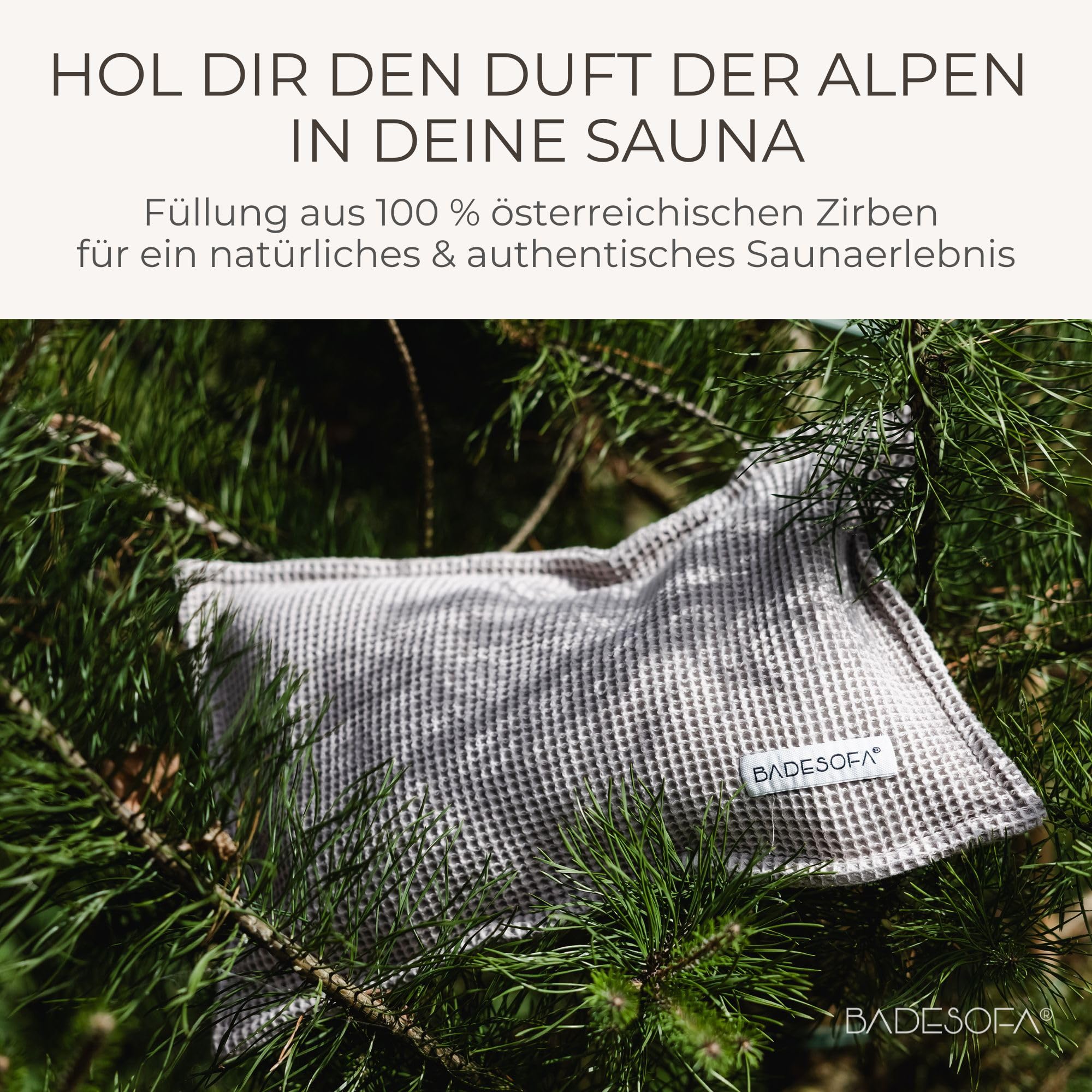 SAUNASOFA™ Zirbenkissen für Sauna – Duftkissen aus 100% Bio-Baumwolle, skandinavisches Design – Handgefertigt in Europa – Nackenstütze & Sauna Zubehör aus natürlicher Zirbe – 26x40 cm