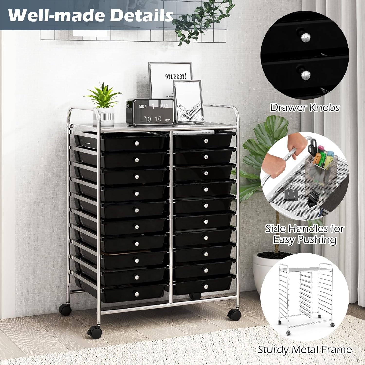 Rolling Cart with 20 Drawers, Multicolor Trolley, Drawer Bin Carts with Lockable Wheels, Adjustable File & Debris Organizer, Rolling Storage for Office, School, Home