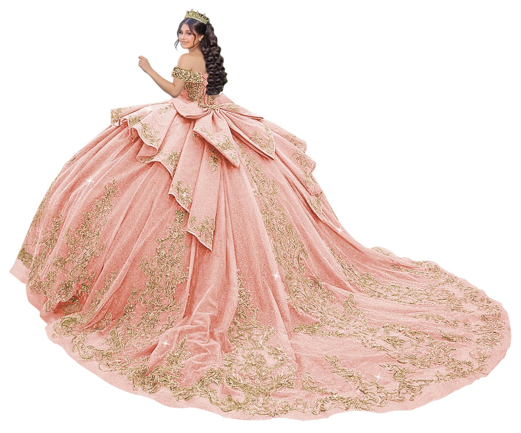 Mouccy Sparkly Gold Appliques Quinceanera Dresses with Bow Off Shoulder Lace Quince Dress Rhinestone Puffy Sweet 16 Dresses