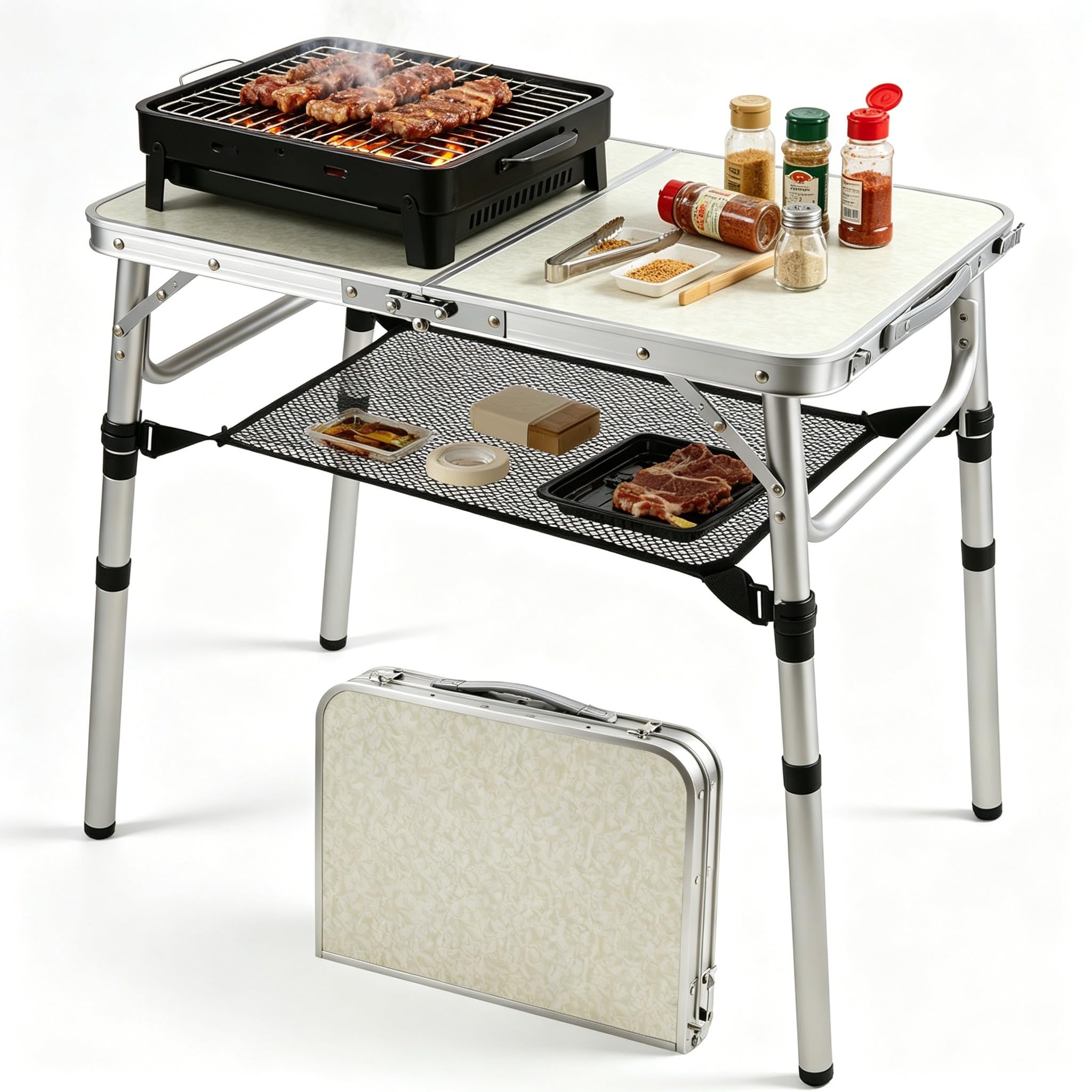 Warmiehomy Folding Camping Table, 3 Adjustable Height, Max 60cm Aluminum Picnic Table with Storage Net & Carry Handle, Portable Grill Table for Camping, Picnic, Backpacking, RV, BBQ, 60X40cm, White