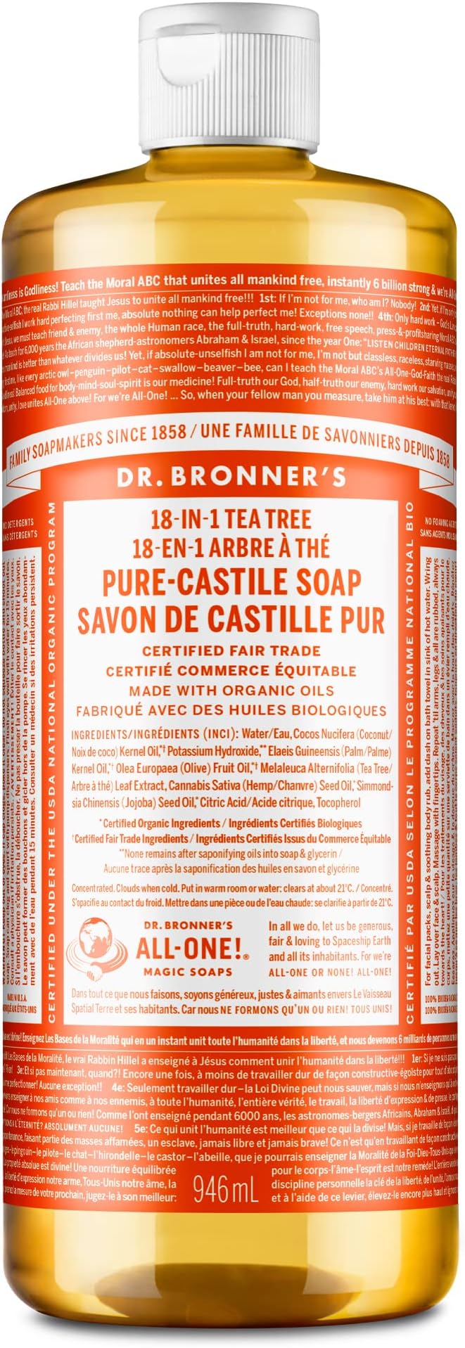 Dr. Bronner's Magic Soaps PureCastile Soap, 18in1 Hemp Tea Tree, 32Ounce Bottle Amazon.co