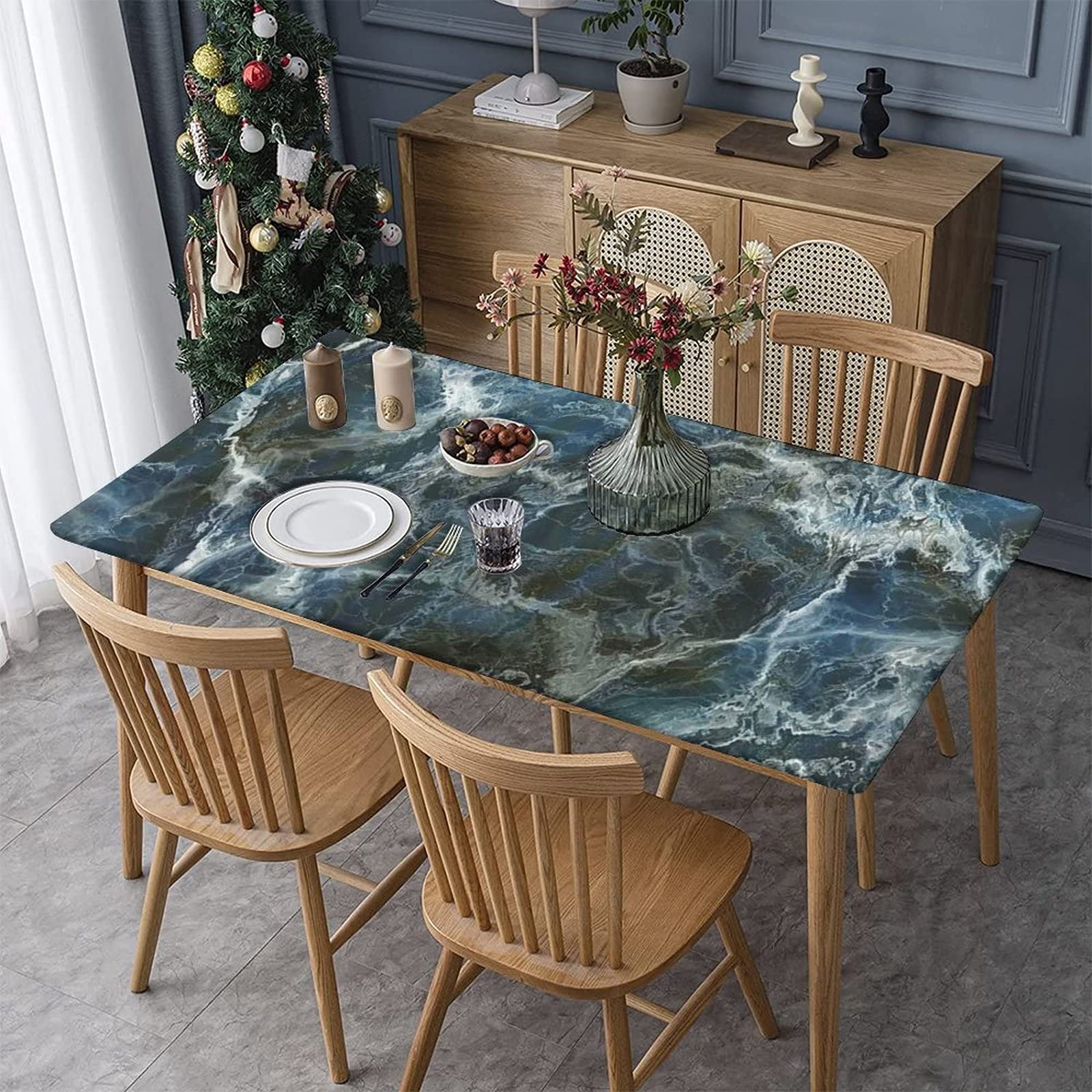 XISUNYA Marble Elastic Fitted Polyester Tablecloth, 30