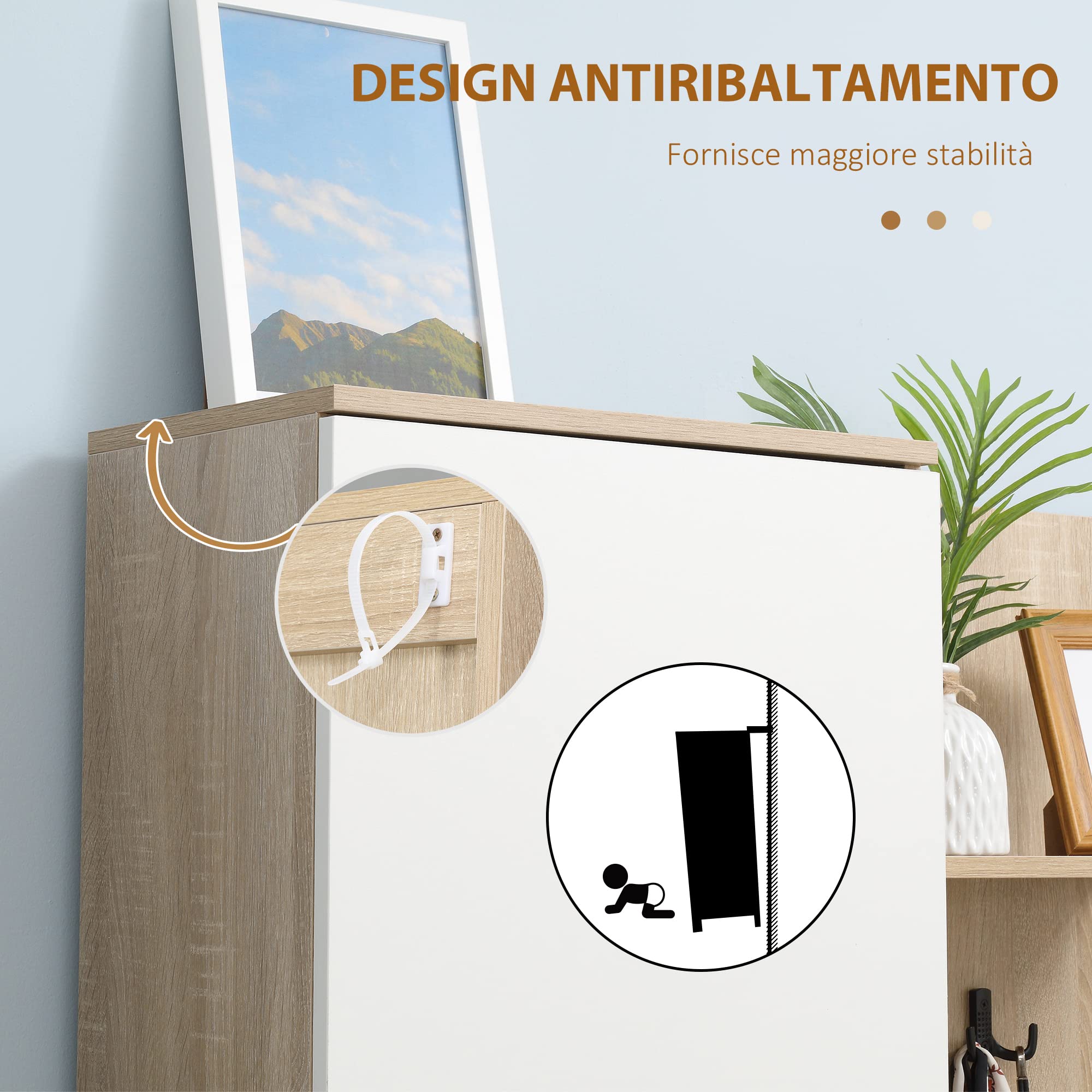 HOMCOM Mobile Attaccapanni da Ingresso 4 in 1 con Specchio, Ganci e Ripiani Regolabili Interni, Mobile da Ingresso Multiuso in Legno con Cassetto, 145x29x184 cm, Legno Naturale e Bianco