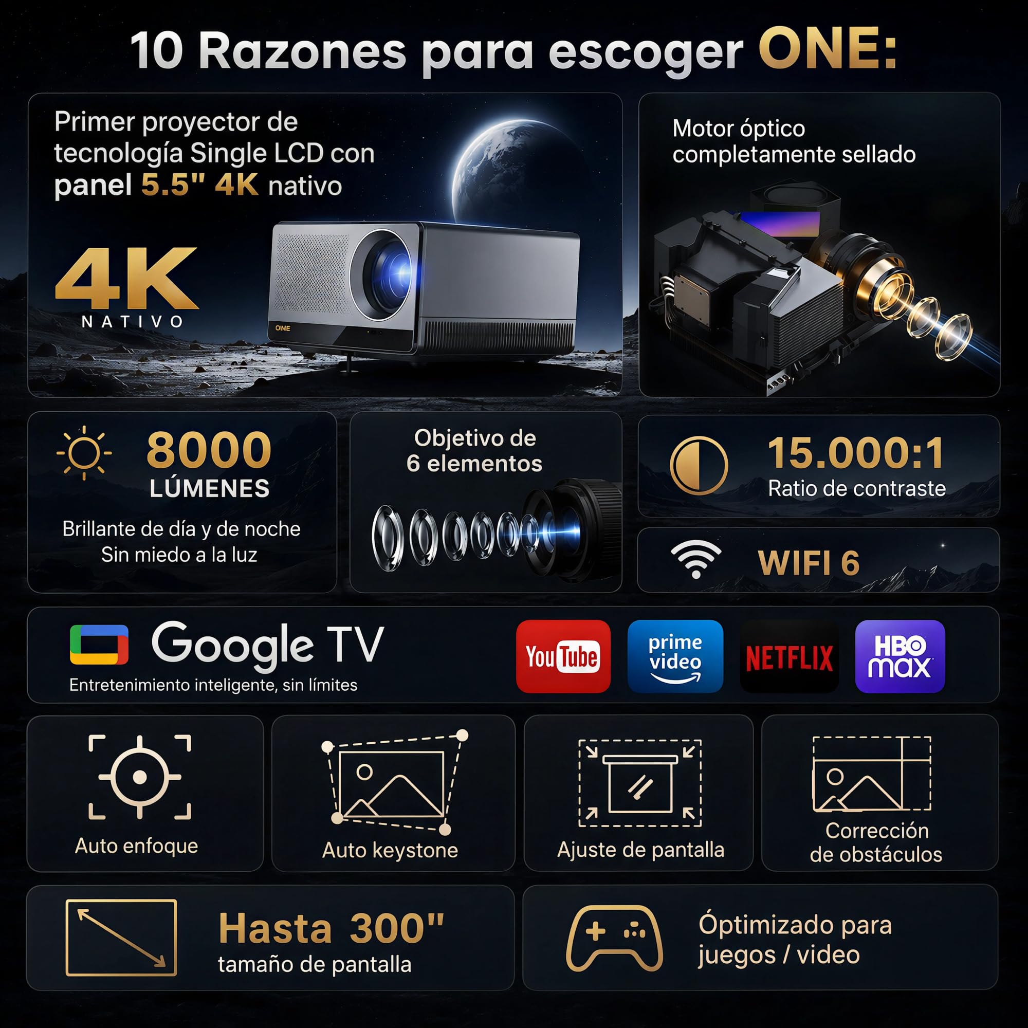 Proyector 4K Nativo 3840x2160p | Google TV Certificado | 8000 Lúmenes | Lente 1.27:1 | WiFi 6 + Bluetooth 5.0 | Auto Focus & Keystone | 8+8W Altavoces | Motor Óptico Sellado | Optimizado para Juegos