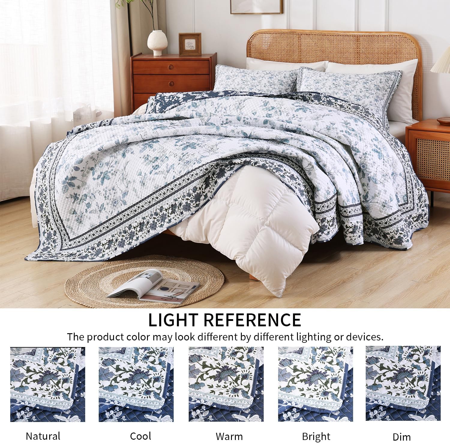 Floral Quilt Set, Denim Navy Blue Border Floral Lightweight Bedspread, 3 Piece Soft Microfiber Summer Quilt with Pillow Shams (92” x 96”)