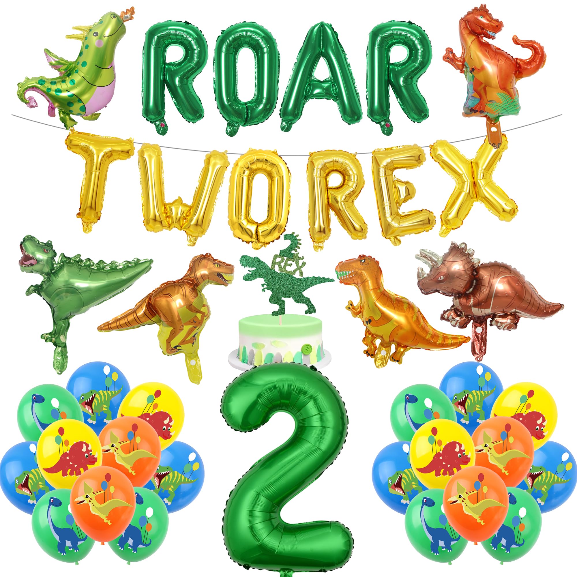 Dinosaur 2nd Birthday Party Decorations - 38 Pcs Dinosaur Balloon Set Roar Two Rex Letter Balloons Number 2 Foil Balloon Cake Topper Jungle Decoration For 2 Years Old Boys Animal Themed Birthday
