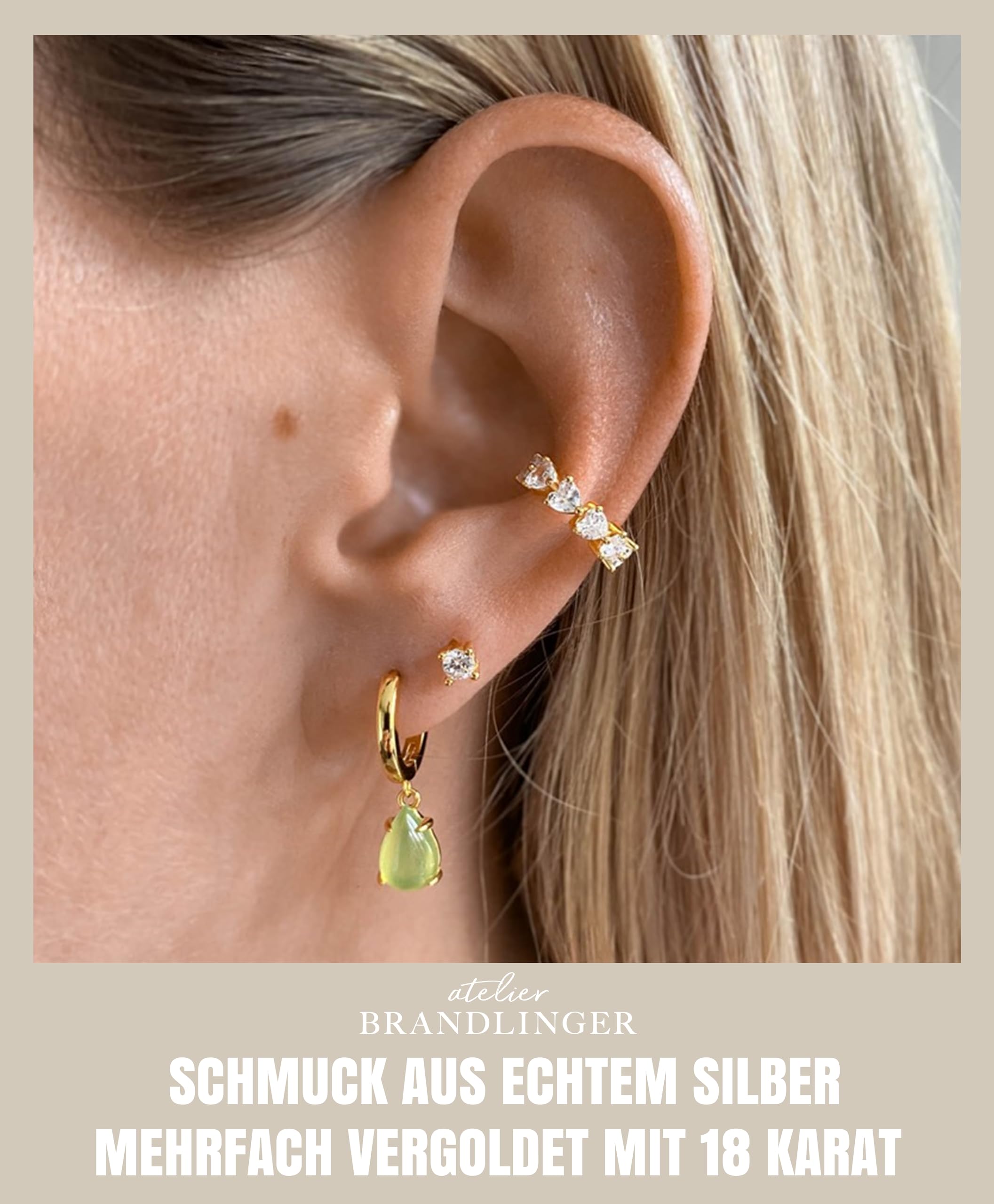 Brandlinger ® Ear Cuff Silber 925 (1 Stück). Ohrklemme Herz mit weißem Zirkonia Stein Schmuck Damen vergoldet mit 18 Karat (Silber und Gold) für Frauen und Mädchen. Durchmesser Ear Cuff 15mm.