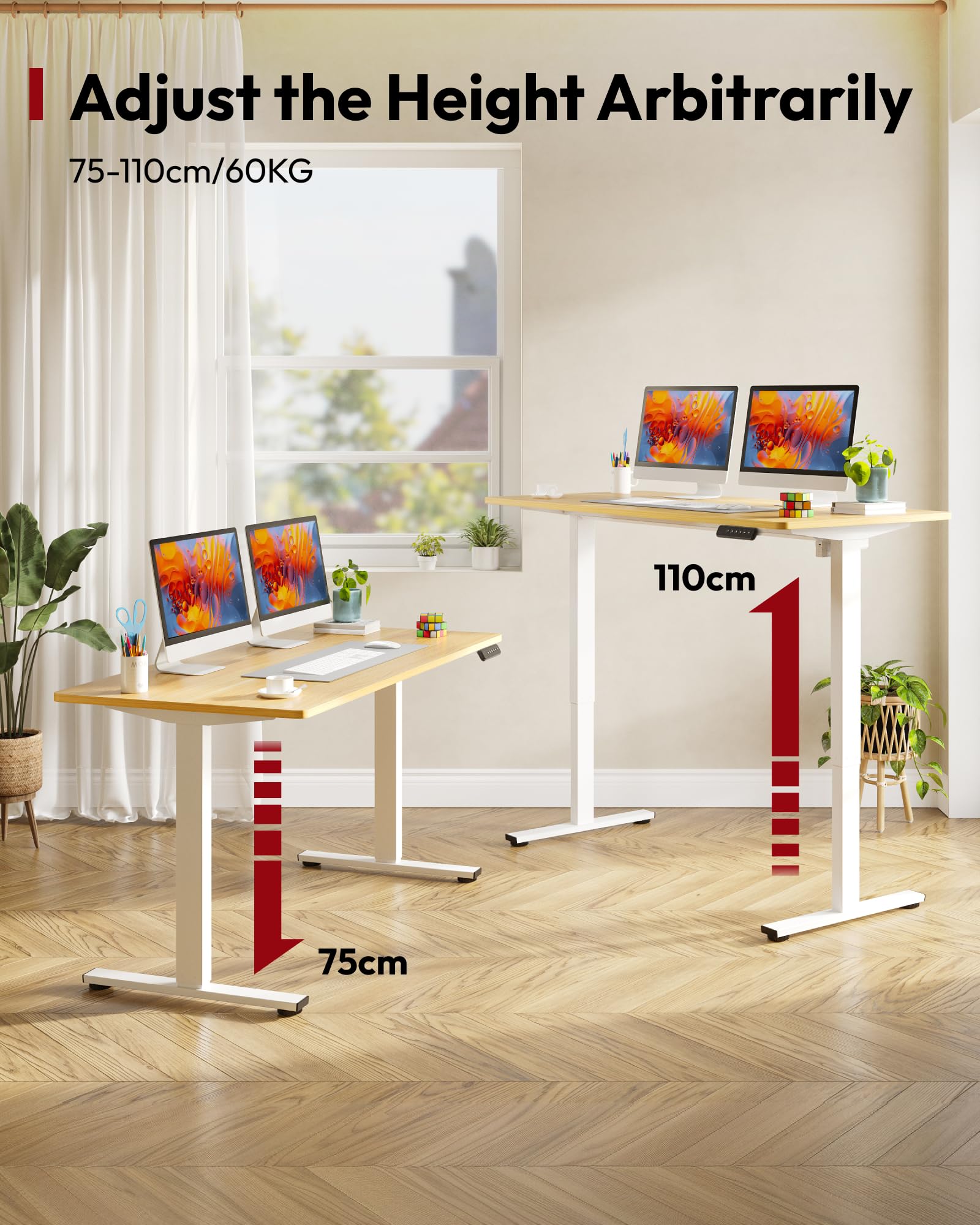 SANODESK Höhenverstellbarer Schreibtisch mit EINTEILIGER Tischplatte | kein Spalt, kein Kompromiss, Ihr Smarter Partner für ergonomisches Arbeiten zu Hause 120 x 60 cm (Ahorn)