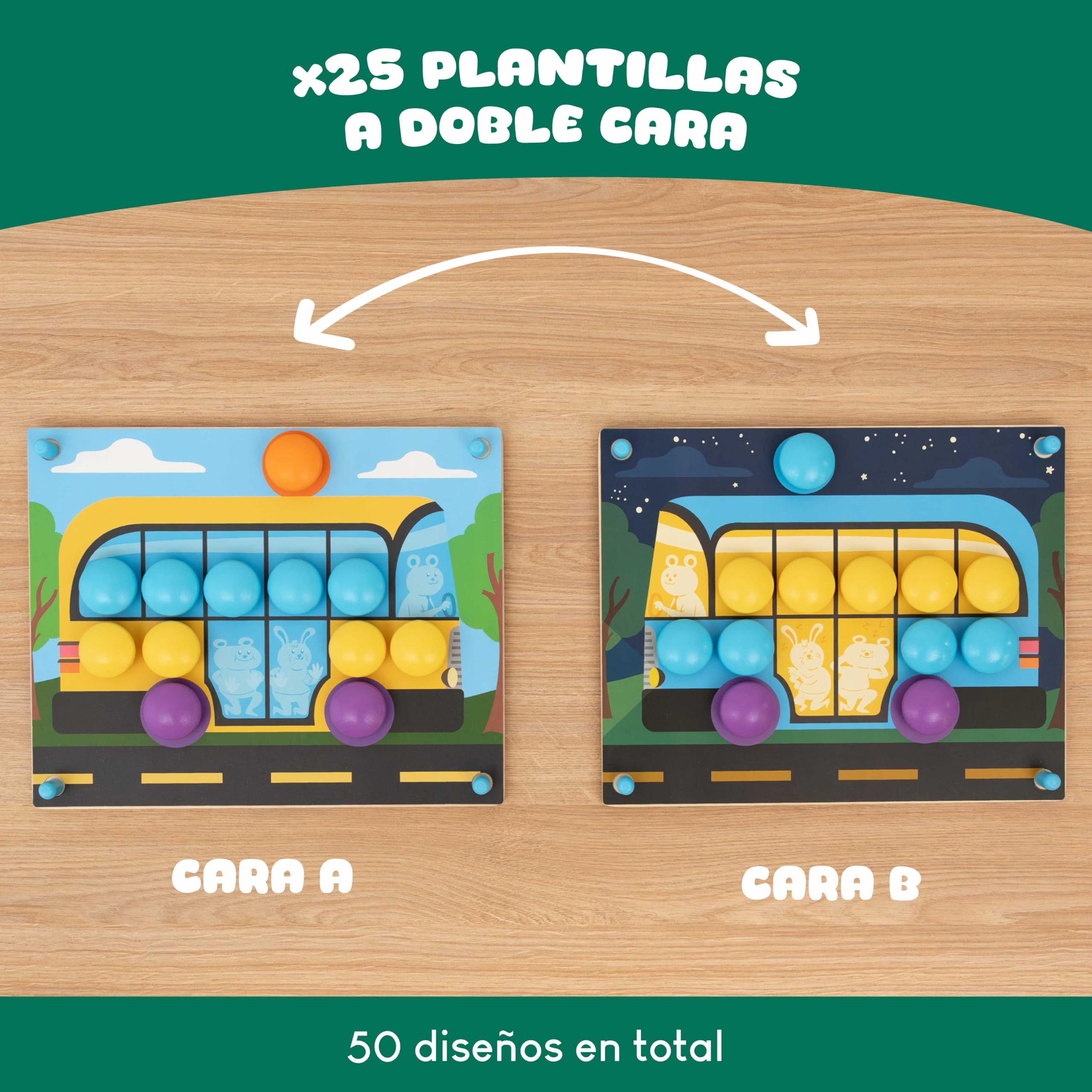 BONNYCO Puzzle de Madera con 50 Plantillas y 32 Botones. Mosaico Infantil para Motricidad Fina, Rompecabezas y Juguetes Niños 2 Años, Juegos Educativos Montessori y Regalos de Cumpleaños