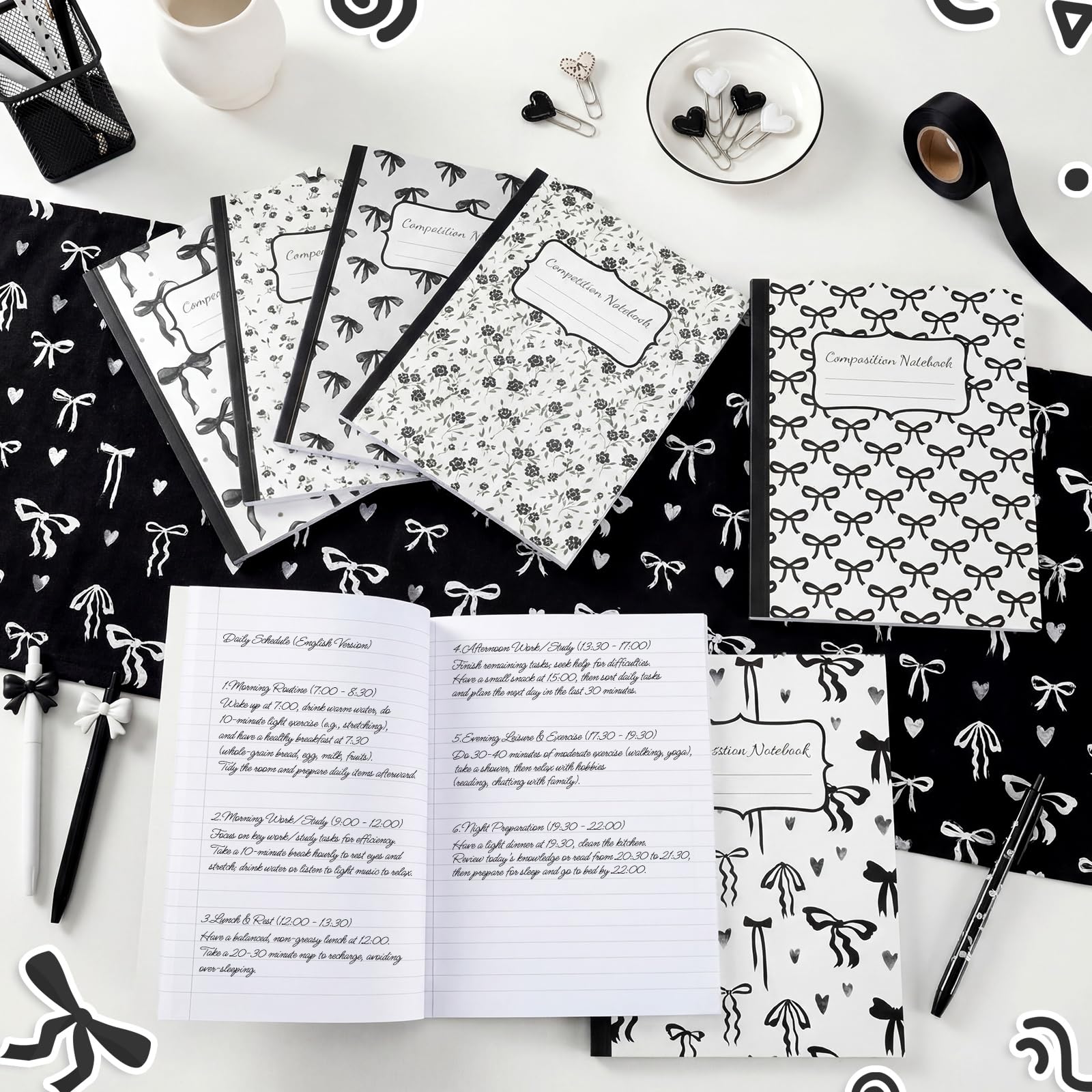 Fullhawl Lot de 6 carnets de composition avec nœud noir, ligné pour l'université, 110 pages, 24,5 x 19,5 cm, joli cadeau pour enseignant, étudiant, premier jour d'école