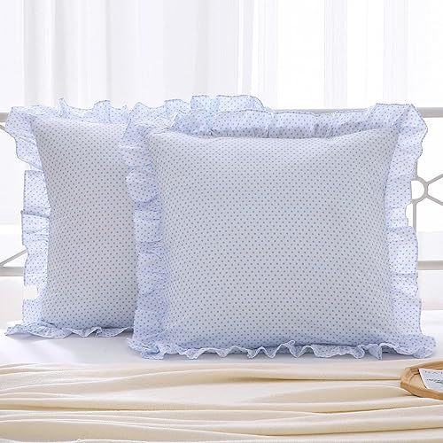 Paquete de 2 fundas de almohada europeas 100% algodón, estampado de lunares azules en volantes blancos, fundas de almohada cuadradas grandes,