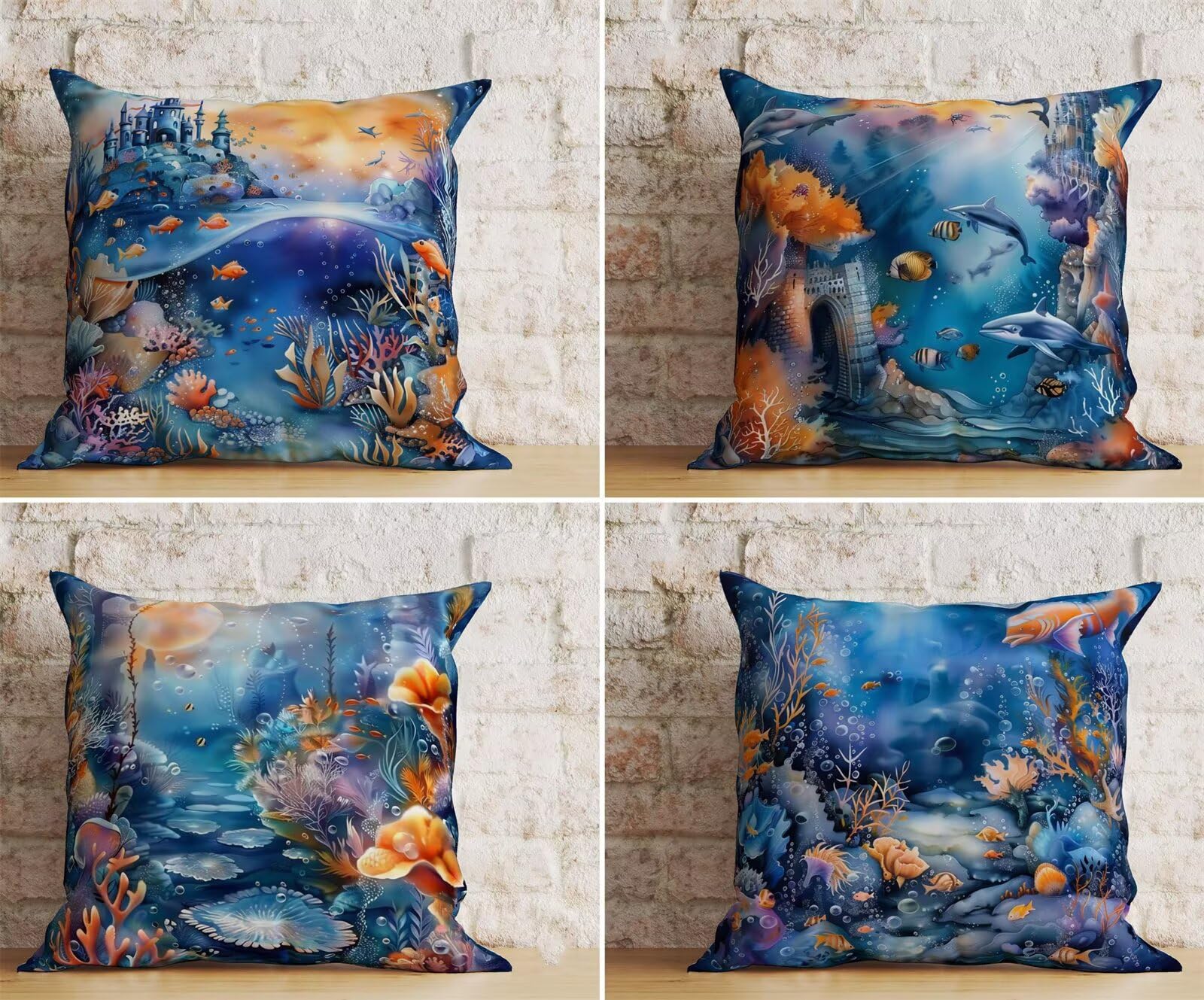 Heaen Outdoor Cushions Covers Waterproof 35x35 cm Set of 4 Square Linen Pillow Cases Ocean Dolphins Decorative Dushions for Sofa Porch Patio Home Decor