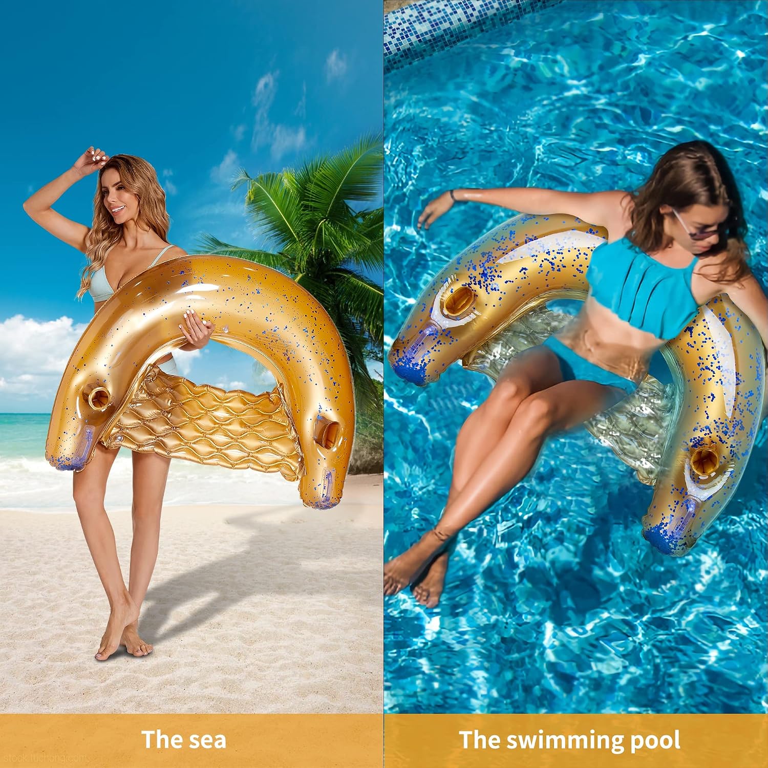 Triumpeek Inflatable Pool Float Chair, Water Lounge Floaties for Adults with Cup Holder and Backrest, Floating Tube Armchair with Glittering Spangles for Swimming Pool Summer Party