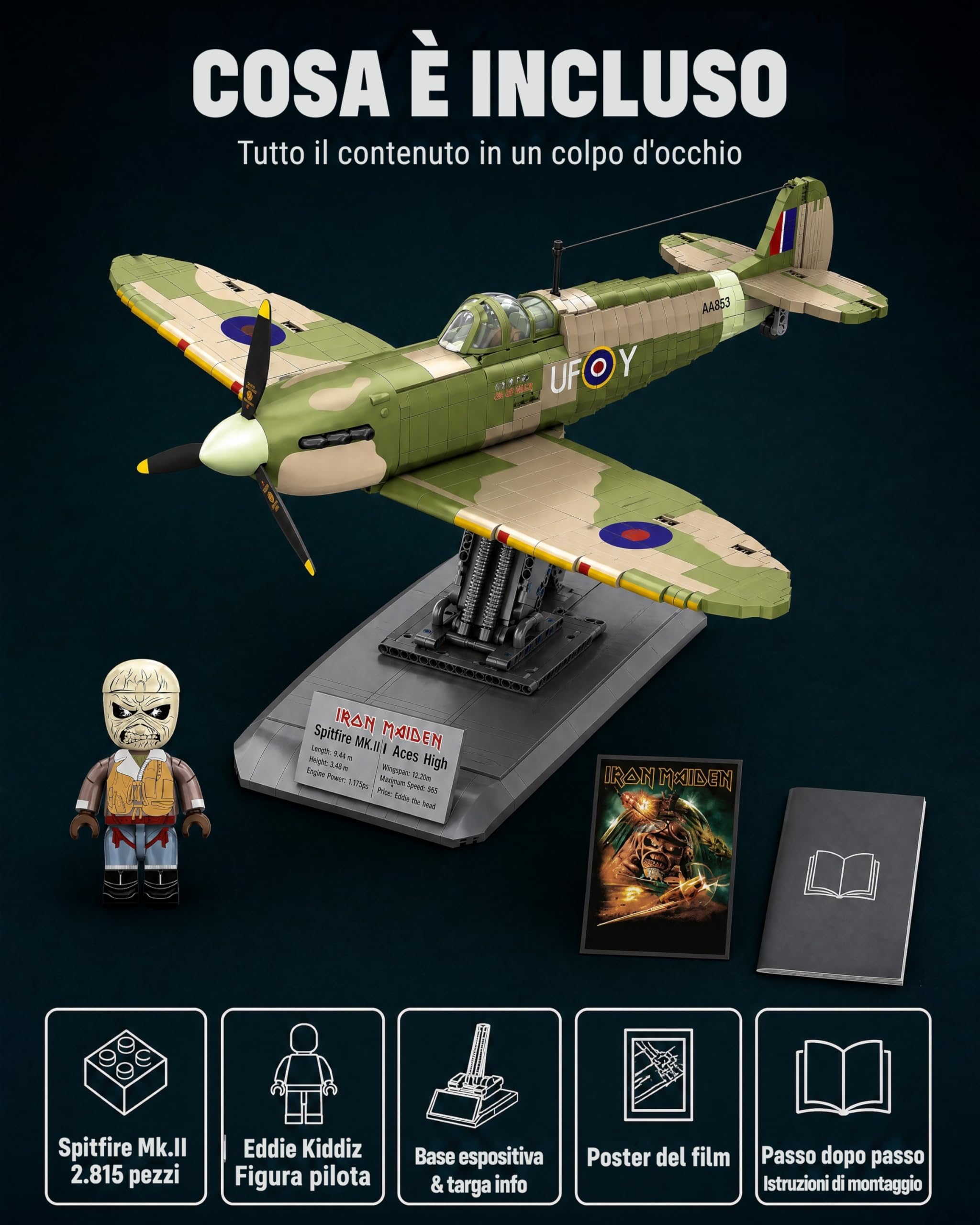 Revell Brick System 00962 Iron Maiden Spitfire MK.II Aces High - Kit modellino in mattoni, scala 1:18, non costruito, 52,5 cm di lunghezza, oltre 2.500 pezzi, include statuetta Eddie, espositore e