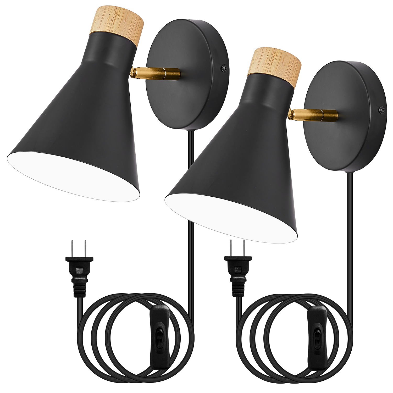 Image of Wall Sconce Set of 2, Wall Sconce with Metal Shade, Plug Switch, Indoor Decor Wall Mount Swing Arm Lamp for Bedroom,Hallway,Living Room,Reading, Black