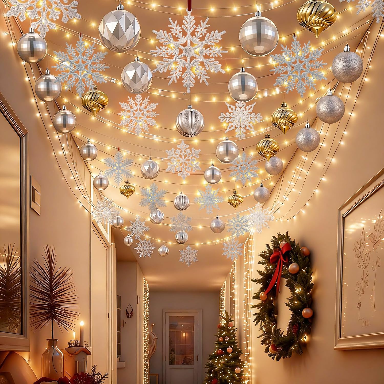 Christmas Hallways Ceiling Lights Decorations 65 ft LED String Lights with Remote 18 Christmas Ball Ornaments 40 Snowflake Hanging Ornaments DIY Winter Holiday Party Porch Window Decor