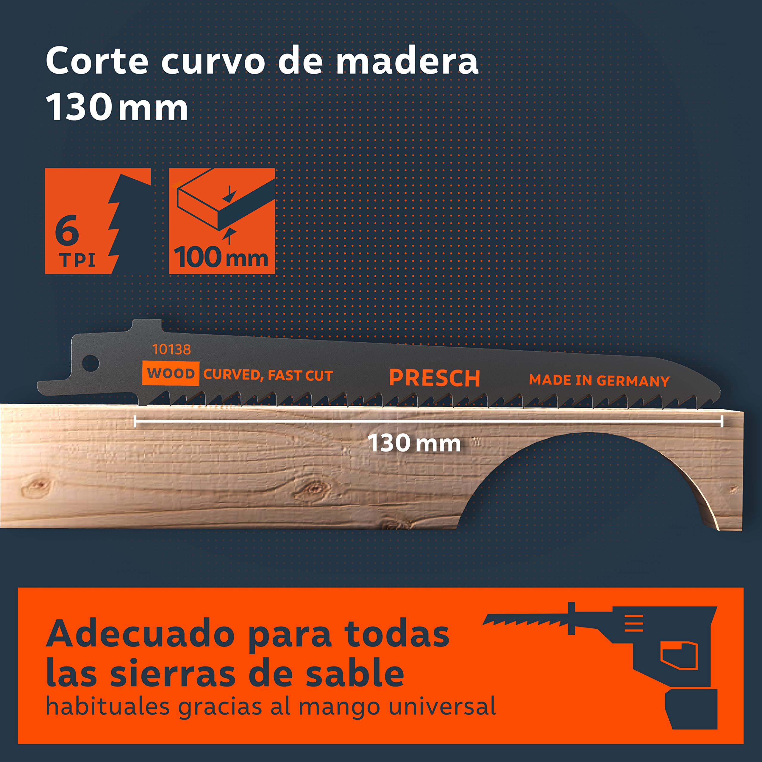 Presch Hojas sierra sable madera 130mm 10 piezas - corte curvo 6-100mm - Hojas de sierra para madera, cuchillos de cocina y más. - Juego de hojas de sierra con caja incluida