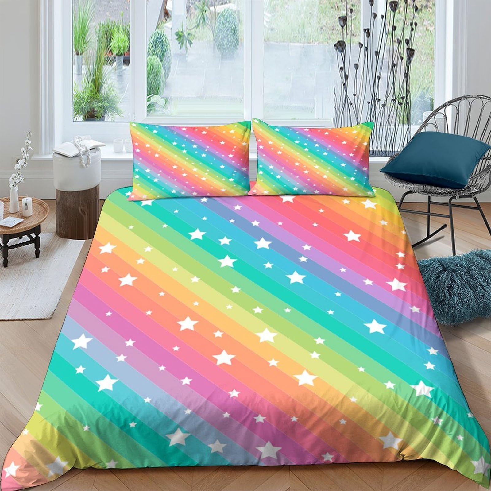 Ctjqhvkz Style-3 3D Printed Rainbow Gradient Fitted Sheet Microfiber Soft Colorful Star Mattress Cover For Bedroom Guest Room Decor Single（135X200cm）