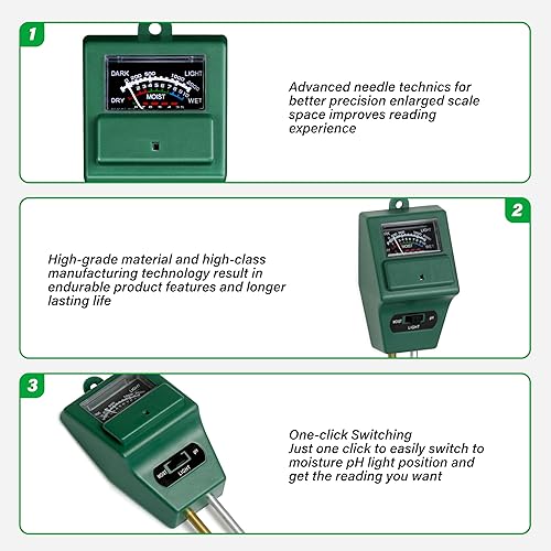 Miniatura 3 de iPower Paquete de 4, 3 en 1 probador de humedad, luz y pH del suelo, kit de cuidado de plantas para el hogar, jardín, césped, granja, uso en