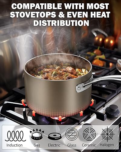 Miniatura 3 de Cooks Standard Cacerola de 3 cuartos de galón de cerámica anodizada dura antiadherente con tapa de vidrio, olla clásica pequeña para salsa de