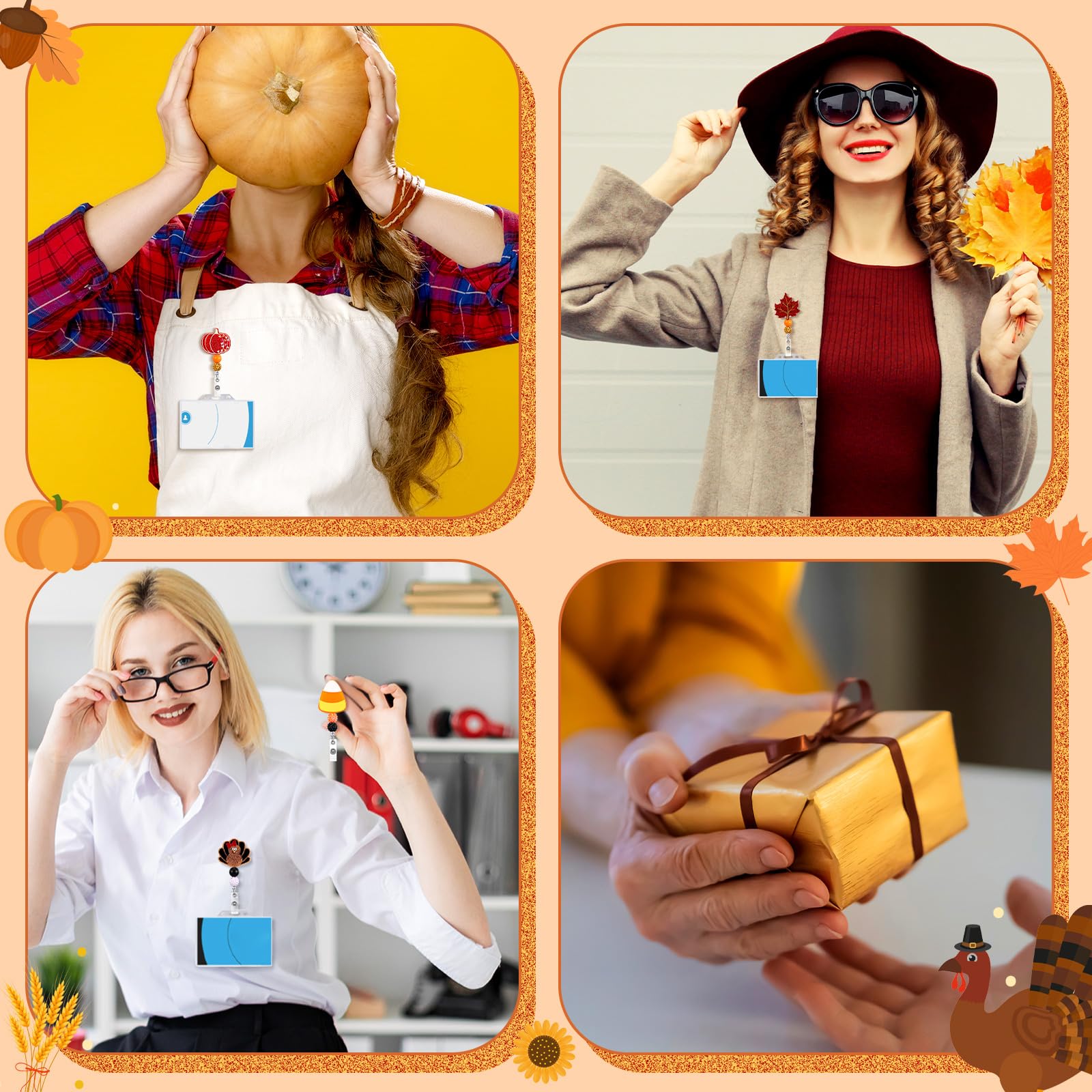 Giegxin 4 Stück ausziehbare Herbstkürbisse, Süßigkeiten, Mais, Ahornblatt, Truthahn, Krankenschwester, Ausweishalter mit Krokodilklemme, Glitzer-Perlen für Thanksgiving, Halloween, Urlaub, Büro