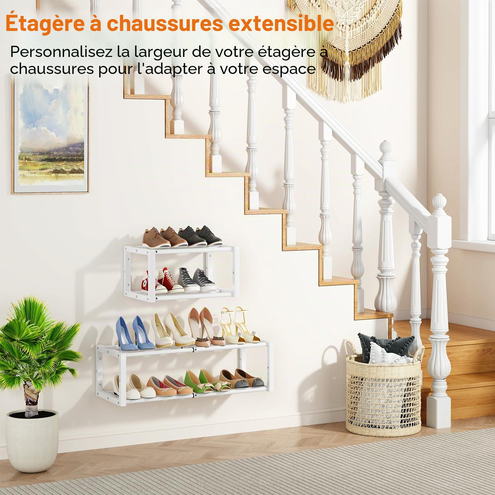 IBUYKE Lot de 2 Étagère à Chaussures Murales, Petit Organiseur à Chaussures Suspendu Extensible de 41-73 cm, Gain de Place Porte Chaussures Mural en Métal pour Entrée Salon, Blanc TXJ001W-2