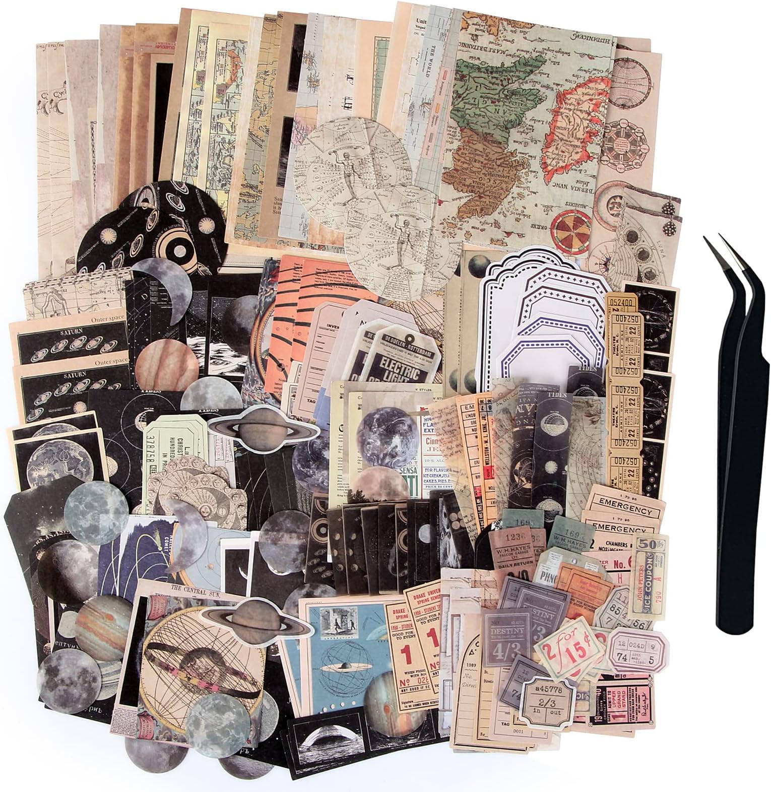 200pcs Aesthetic Stickers for Journaling - Vintage Scrapbook Supplies, Space Moon Theme for Witch Bullet Journals, Junk Journal Planners