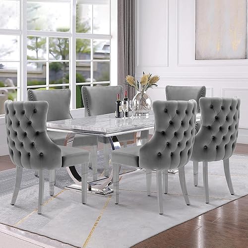 Miniatura 7 de LOULENS Juego de 2 sillas de comedor lujosas de terciopelo, modernas sillas de comedor tapizadas con patas de acero inoxidable, color gris oscuro