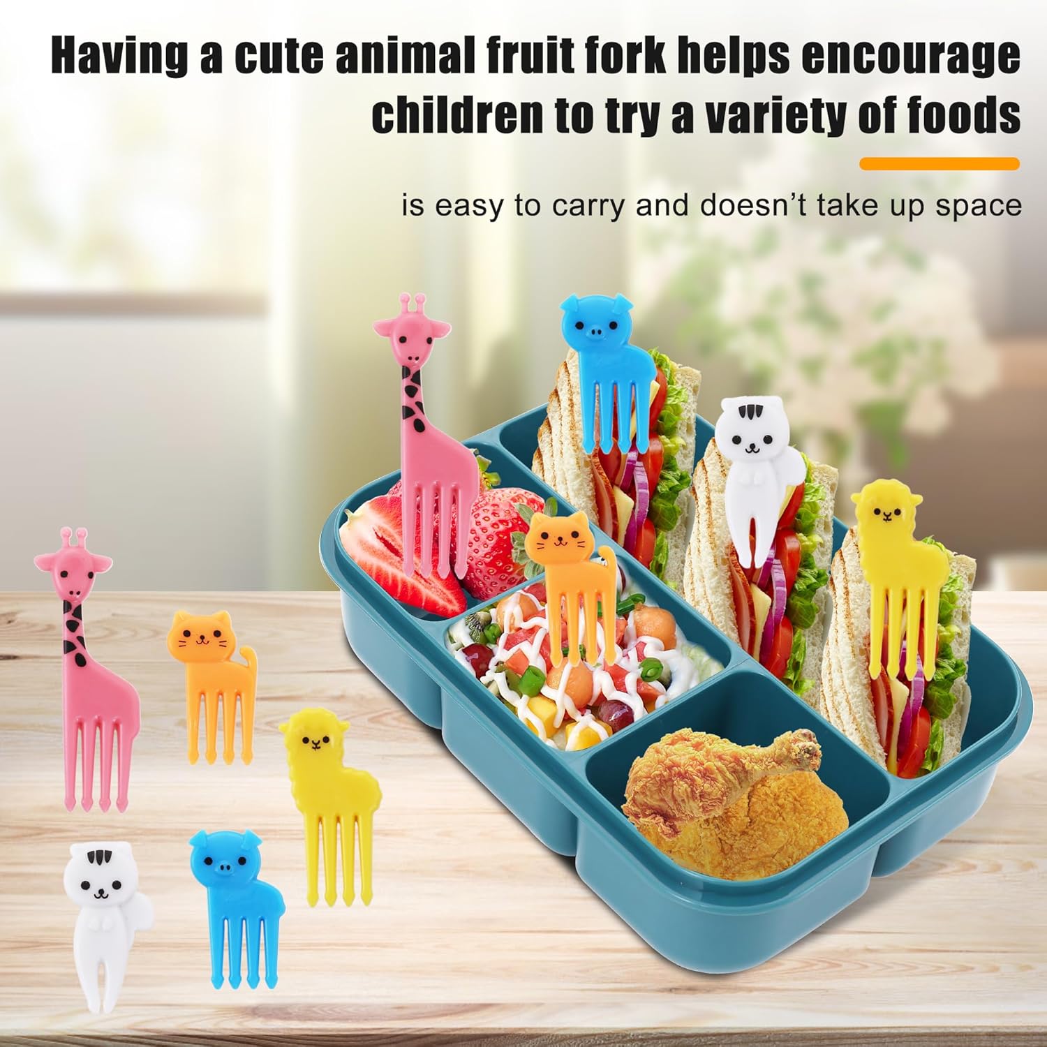 Bento box adult work lunch box, adult container, with 4 compartments, lunch container with cutlery ( knife, fork, spoon, sauce box), animal fruit fork, microwave and dishwasher safe, Orange Blue - Image 3
