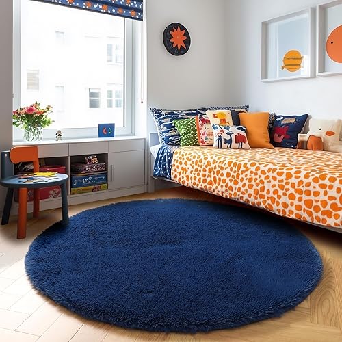 PAGISOFE - Alfombra redonda, suave, cómoda, esponjosa y peluda color azul marino de 4 x 4 pies, para dormitorio de bebés y niños pequeños, tipi,