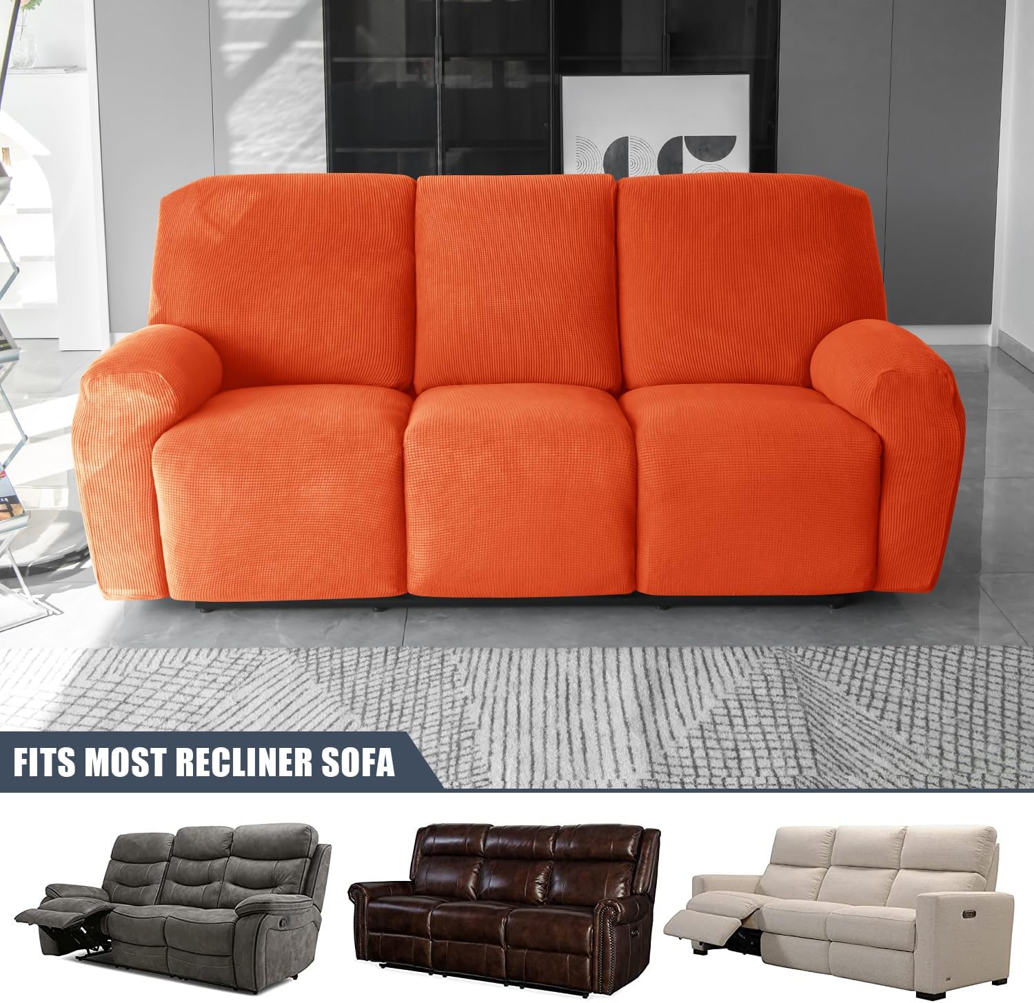 CONRUSER Stretch Recliner Sofa Cover, 8 Pieces Recliner Slipcovers Soft Jacquard Couch Cover for 3 Seater Non-Slip Furniture Protector with Pocket (Orange)