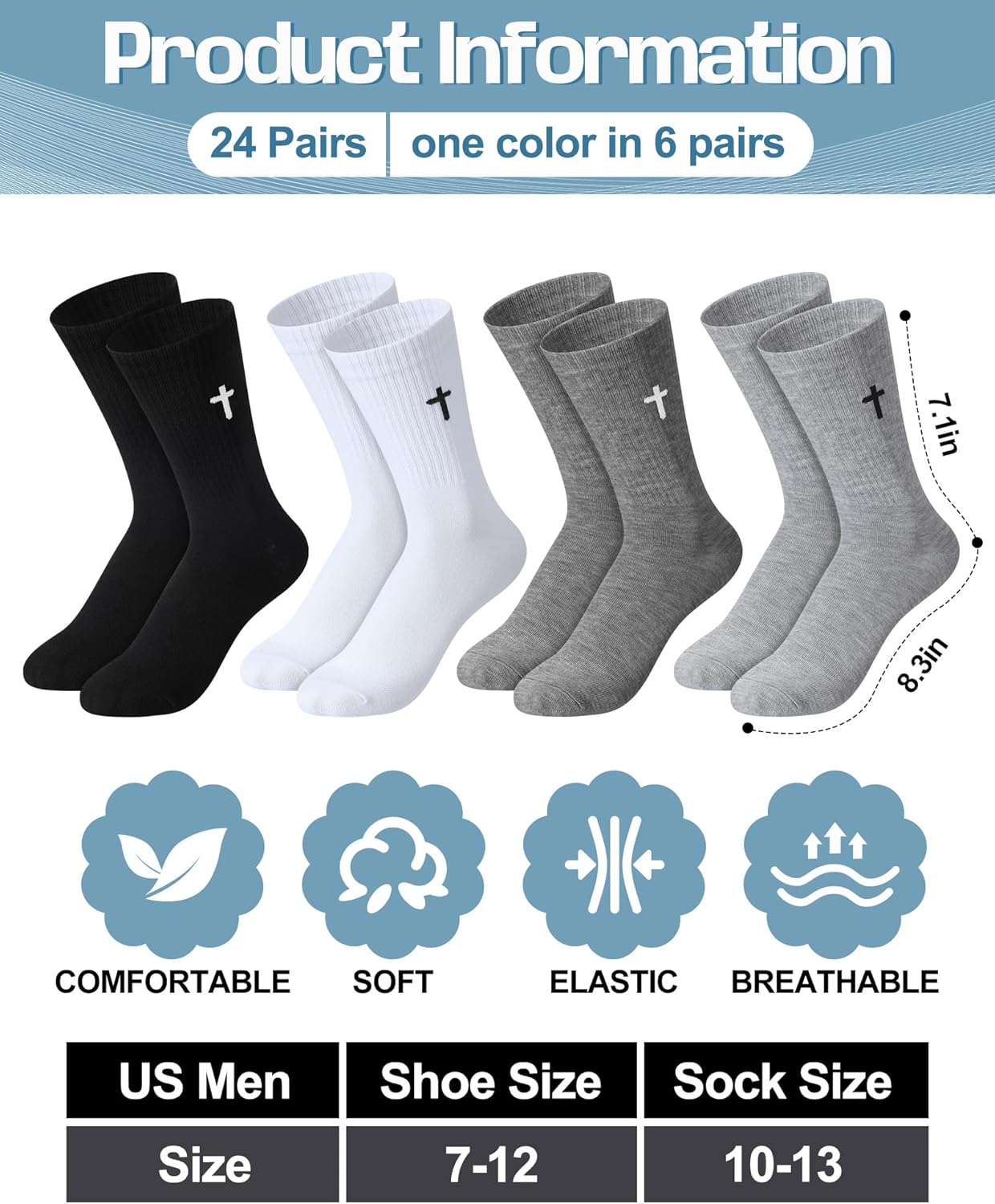 Shihanee 24 Pairs Cross Socks for Men Knit Religious Christian Crew Socks for Daily Pastor Clergy Gift Easter Christian Gifts - Image 4