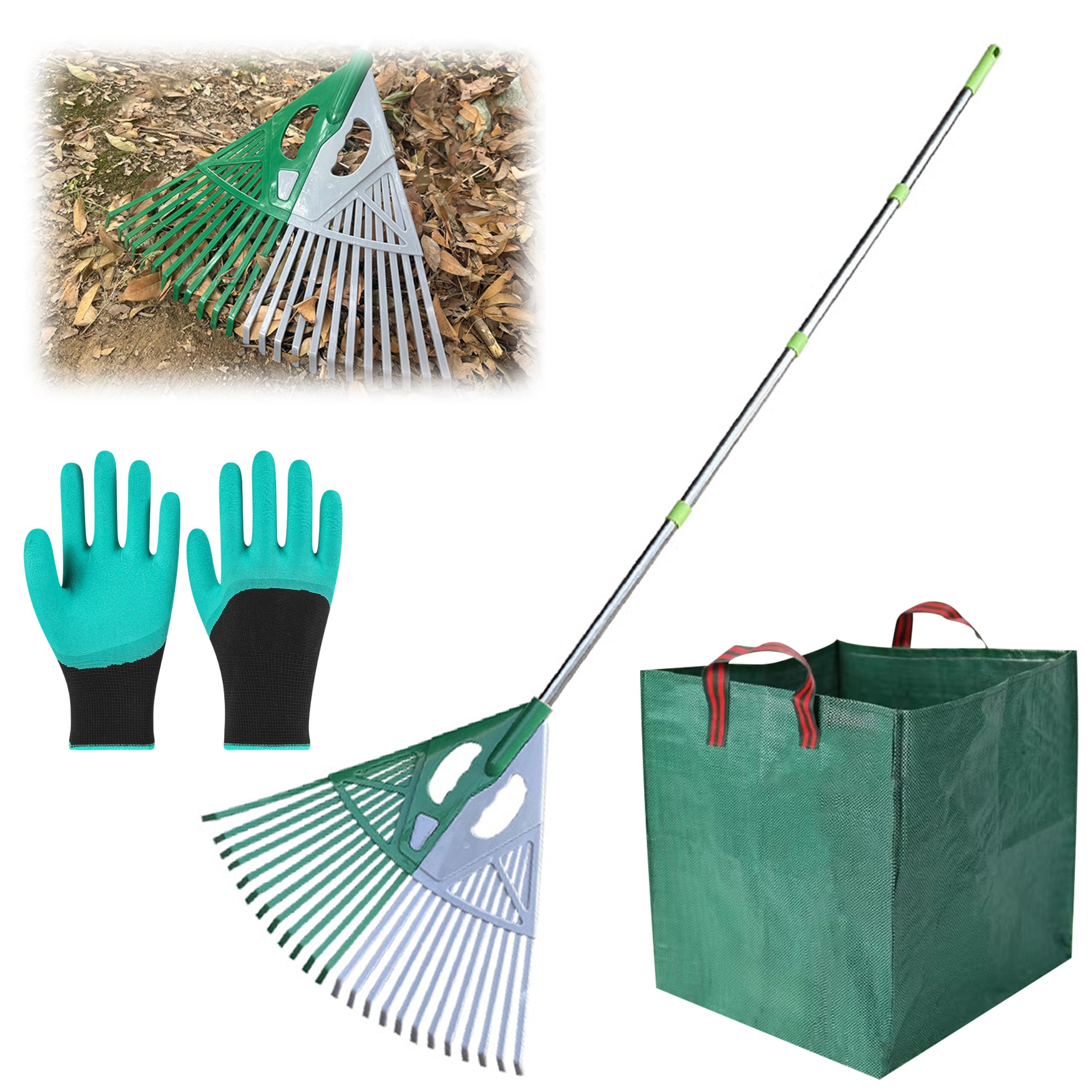 GwaOery Garden Leaf Rake Set with Bag & Gloves for Lawn, Backyard Cleanup