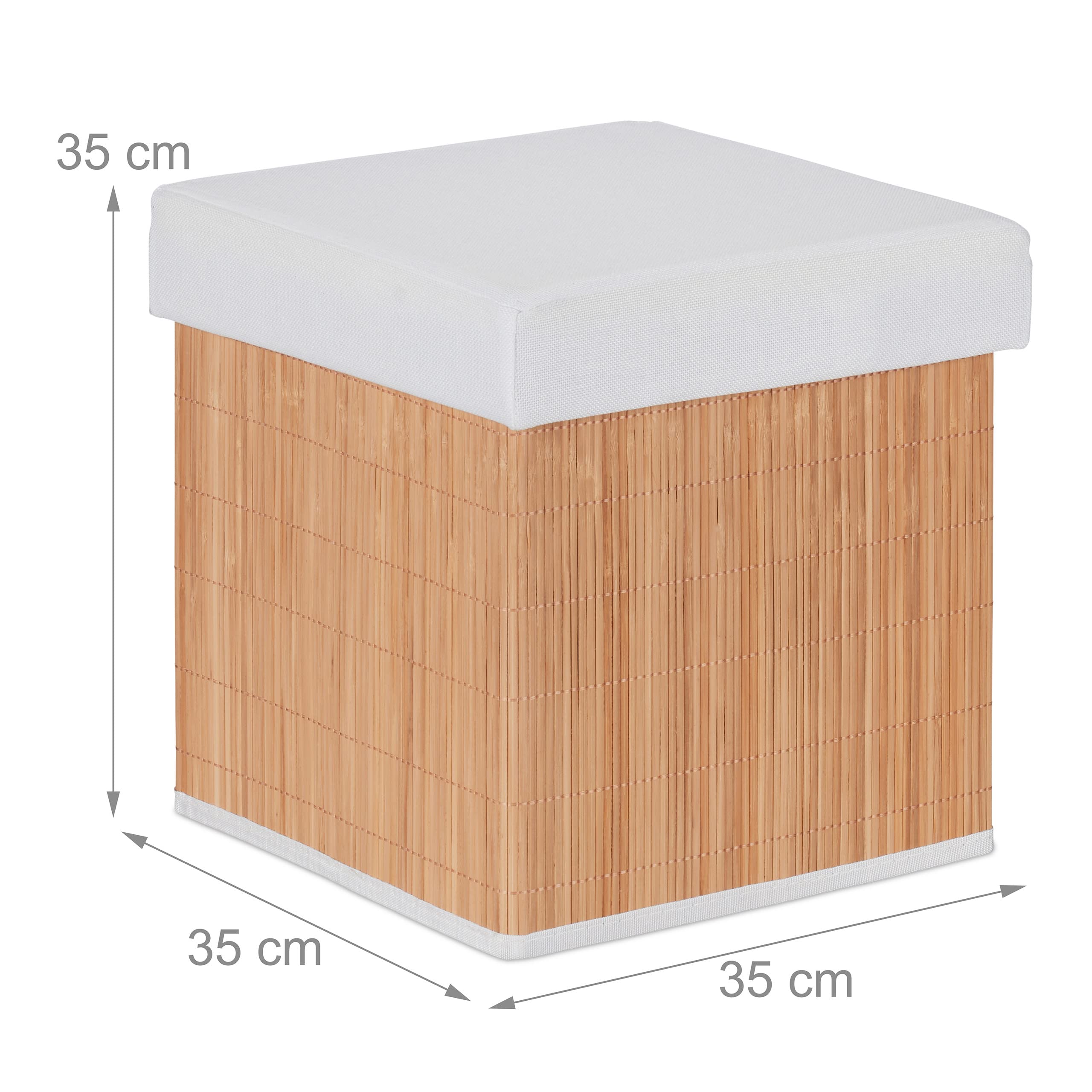 Pouf Contenitore Relaxdays In Bambù - Pieghevole, Imbottito, 35x35x35cm, Naturale/Bianco - Foto 9