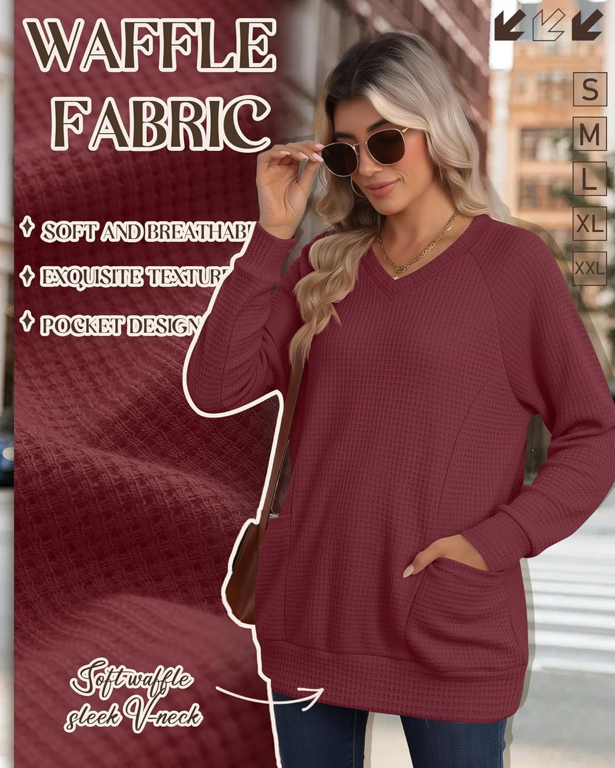 Women's Long Sleeve Shirts Waffle Knit Tunic Tops Oversized Sweatshirt Casual Blouses V Neck Pullover Sweaters - Image 4