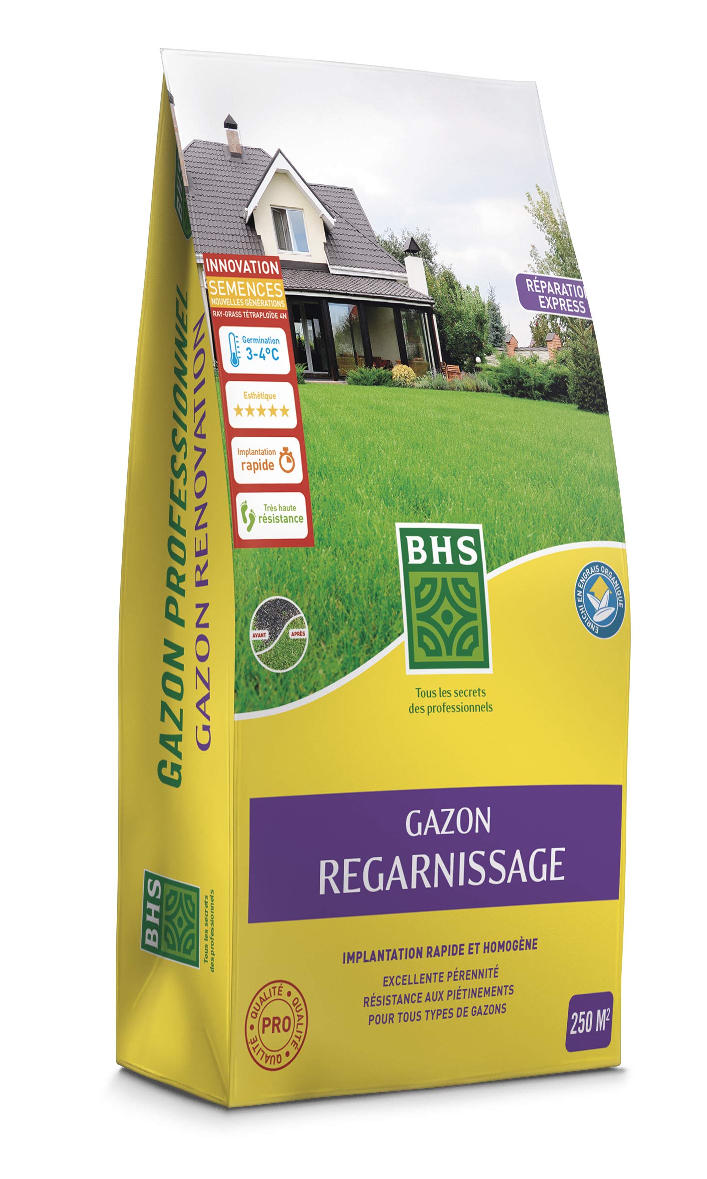 BHS Gazon Regarnissage et Rénovation - 5kg - Soit 250 m² - Semences Enrobées Permettant Une Meilleure Adhérence Au Sol GRE5