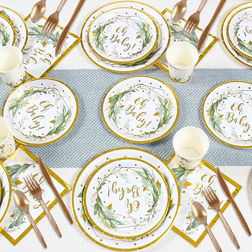 Miniatura 2 de Decoraciones de baby shower verde salvia, juego de vajilla neutral para fiesta de Oh Baby; platos de 9 pulgadas, platos de 7 pulgadas, servilletas,