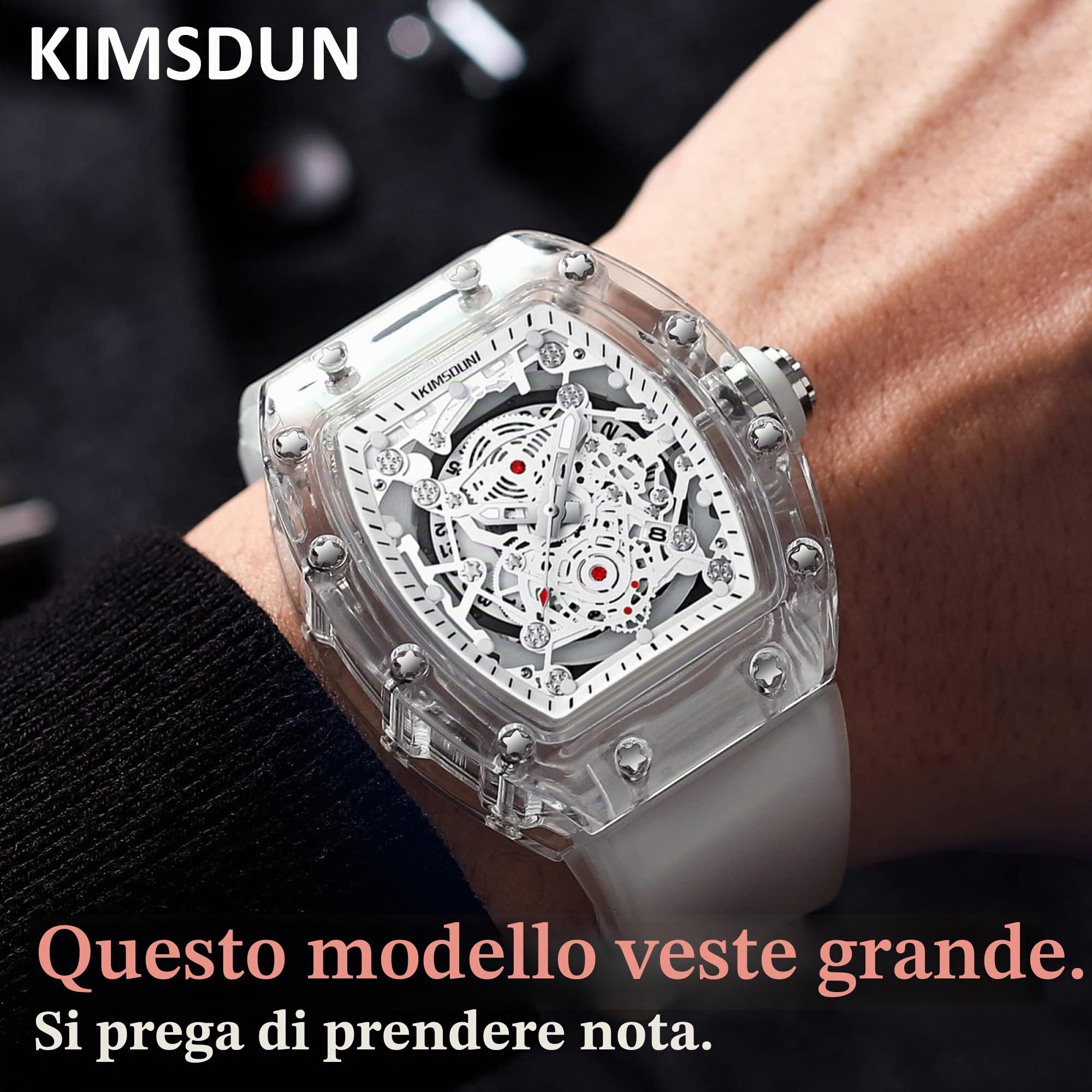 Eleganti orologi scheletrati sportivi, impermeabili, con movimento analogico al quarzo, datario e calendario, da polso, con cassa tonneau trasparente, orologio casual, cinturino in silicone