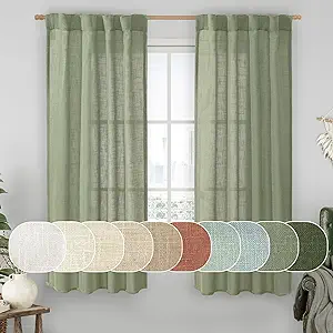 LAMIT 60 Inch Length Window Linen Curtains, Light Filtering Panels Back Tab and Rod Pocket Neutral Drapes for Bedroom/Living Room, Sage Green, 2 Panels, 34 x 60 Inch