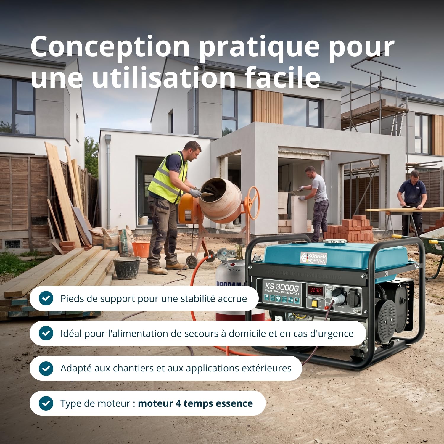 Groupe électrogène à essence KS 3000G generateur a gaz,puissance max 3000 W, 2x16A Schuko (230 V) EURO-V, régulateur de tension AVR,enroulement cuivre,generateur de courant, générateur hybride