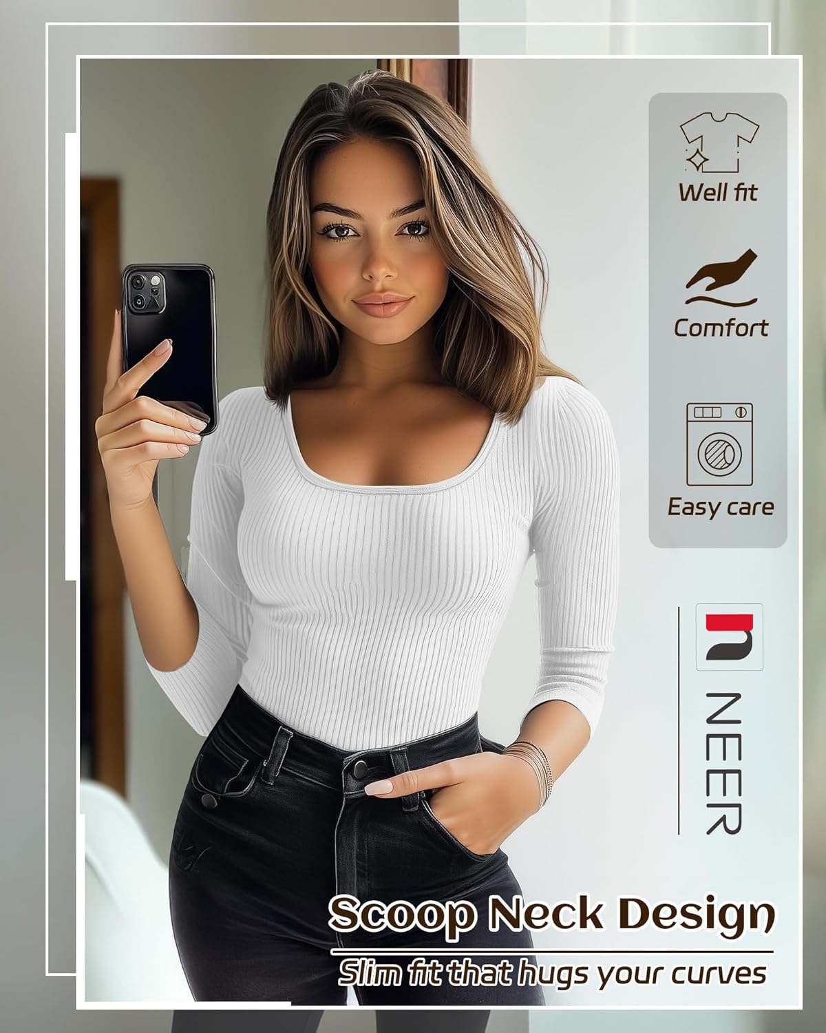 Neer 3 Pack 3/4 Sleeve Tops for Women, Cotton Scoop Neck Ribbed Three Quarter Sleeve Summer Slim T-Shirts Casual Basic Tees - Image 4