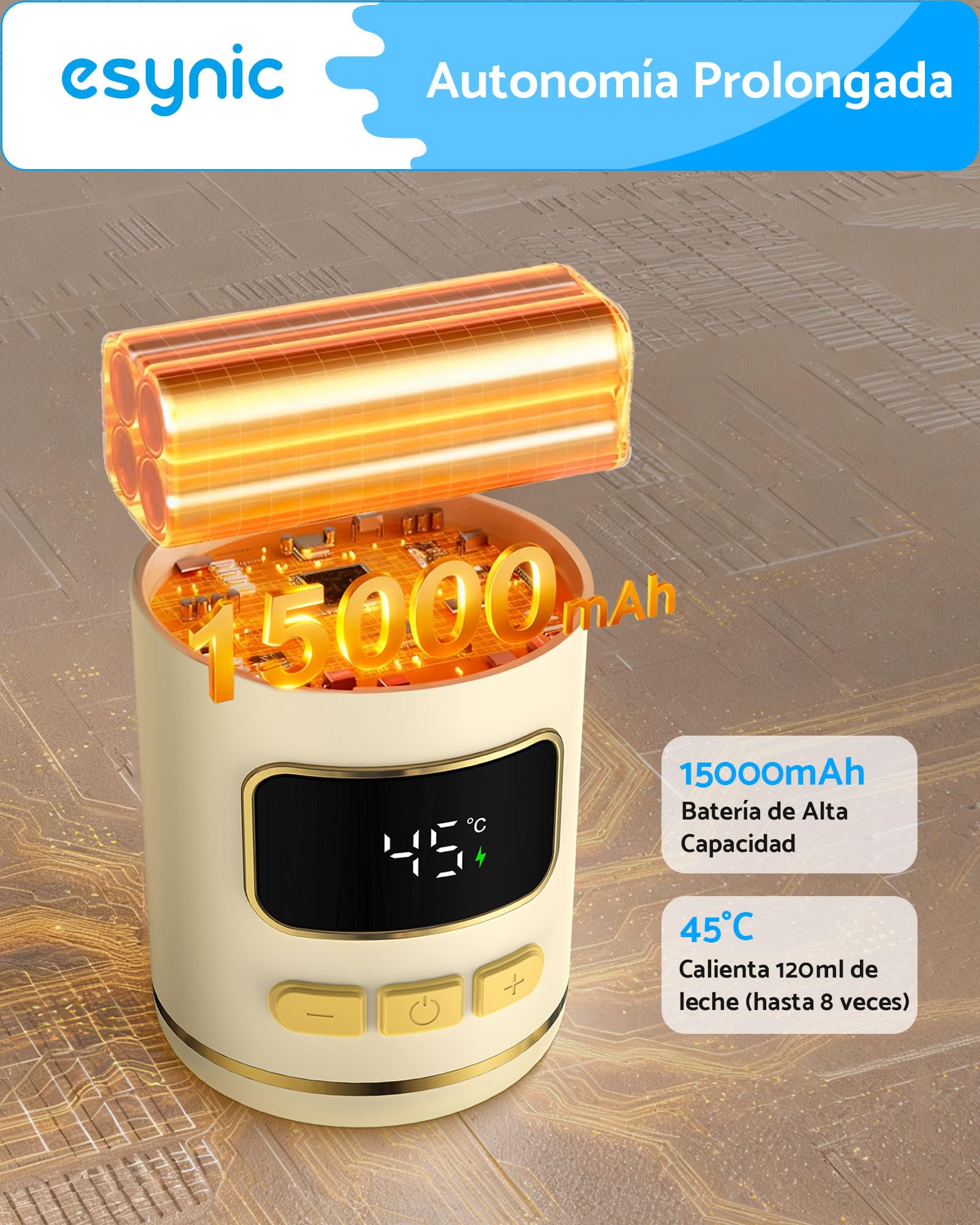 eSynic Calentador de Biberones Portátil para Viaje con Batería de Larga Duración Calienta Biberones para Leche Materna y Agua Rápido Control de Temperatura Acero Inoxidable Capacidad 450ml para Bebé