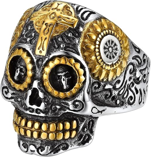 Sugar Skull Rings for Men Women, Stainless Steel Two Tone Mens Biker Ring Halloween Jewelry Day of the Dead Memory Jewelry For Death, Gift Box Included