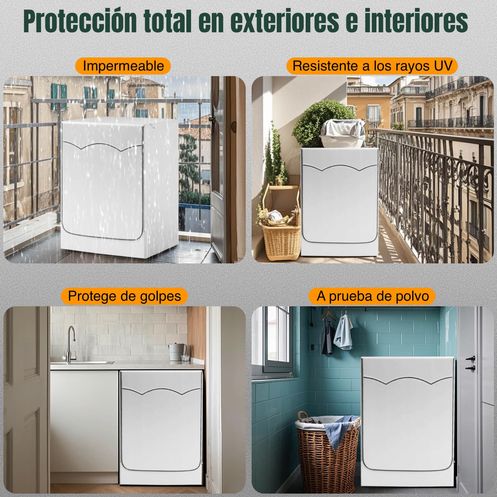 AWNIC Funda Lavadora Exterior Impermeable, 60x64x85cm Funda con Apertura Frontal para Cubre Lavadora, Funda Secadora Exterior Cremallera que Protege del Sol y del Polvo, Plateada