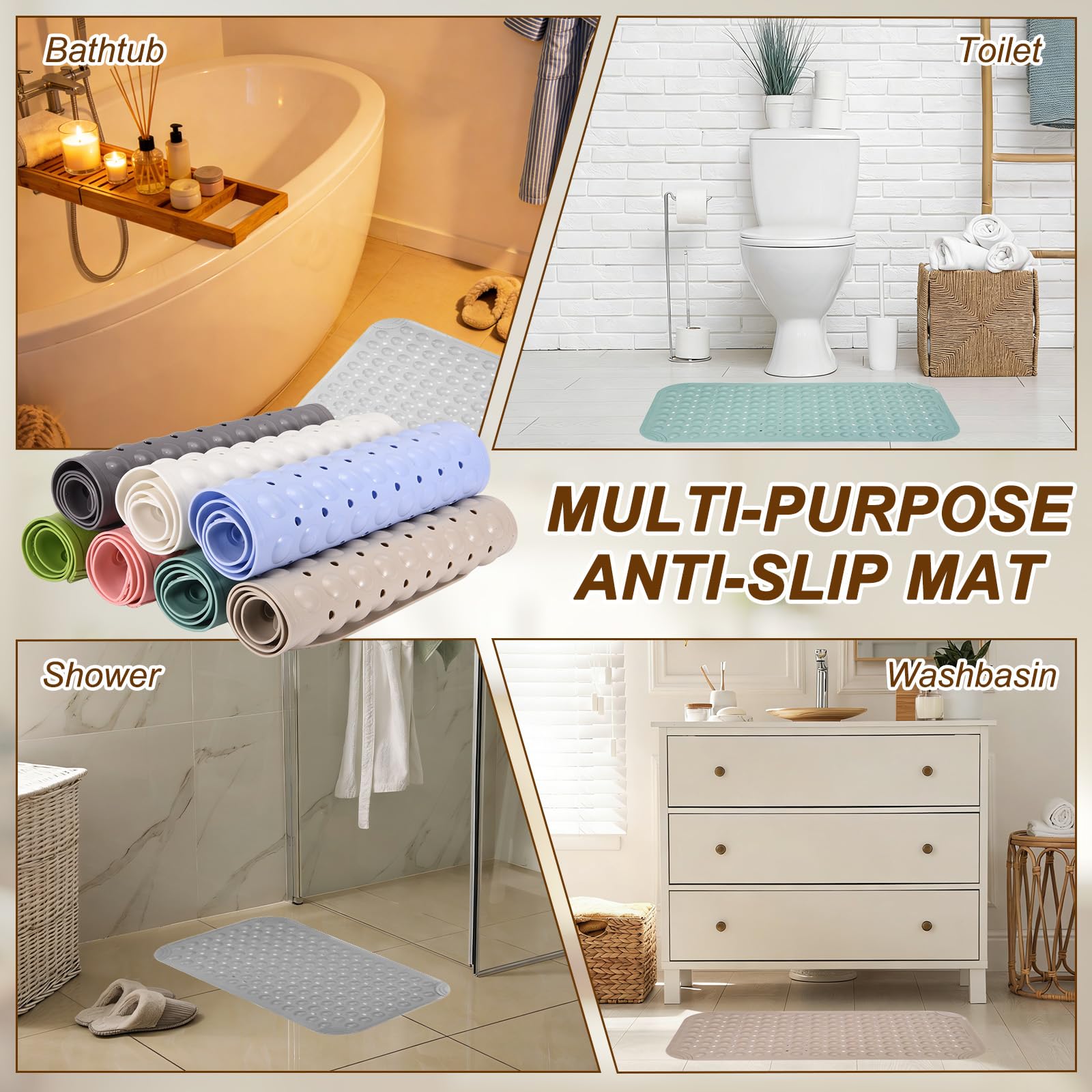 QUARKZMAN Tappetino Antiscivolo Per Doccia 28 X 15 Pollici In PVC Lavabile Con Ventose E Fori Di Scolo Morbido Sotto I Piedi Per Vasca Doccia Bagno Color Cachi