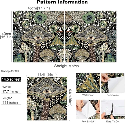 Miniatura 5 de WENMER Papel tapiz autoadhesivo de 17.7 pulgadas x 19.7 pies, papel tapiz floral de hongos bohemios, papel de contacto de hongos, vinilo