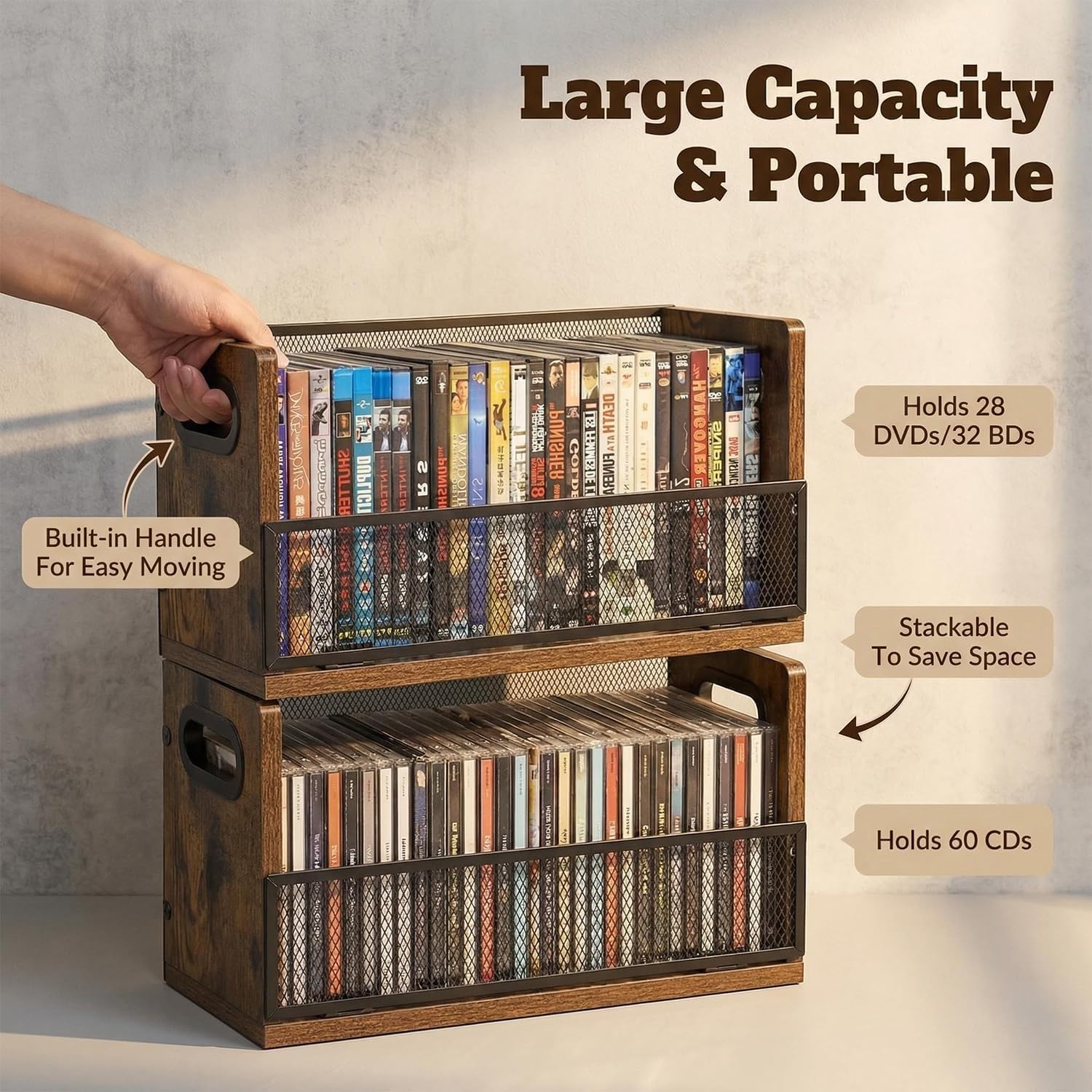 CD DVD Storage Rack 2-Pack with Handles, Holds 28 DVD or 32 Blu-ray Cases per Rack | Portable DVD Case Holder for Desktop, Closet, Video Games, Books & Movies