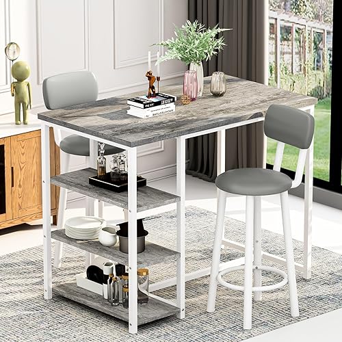 Miniatura 13 de DKLGG Juego de mesa de comedor para 2, mesa de pub de altura de mostrador con 2 taburetes de cuero sintético con respaldo ancho y 3 estantes de