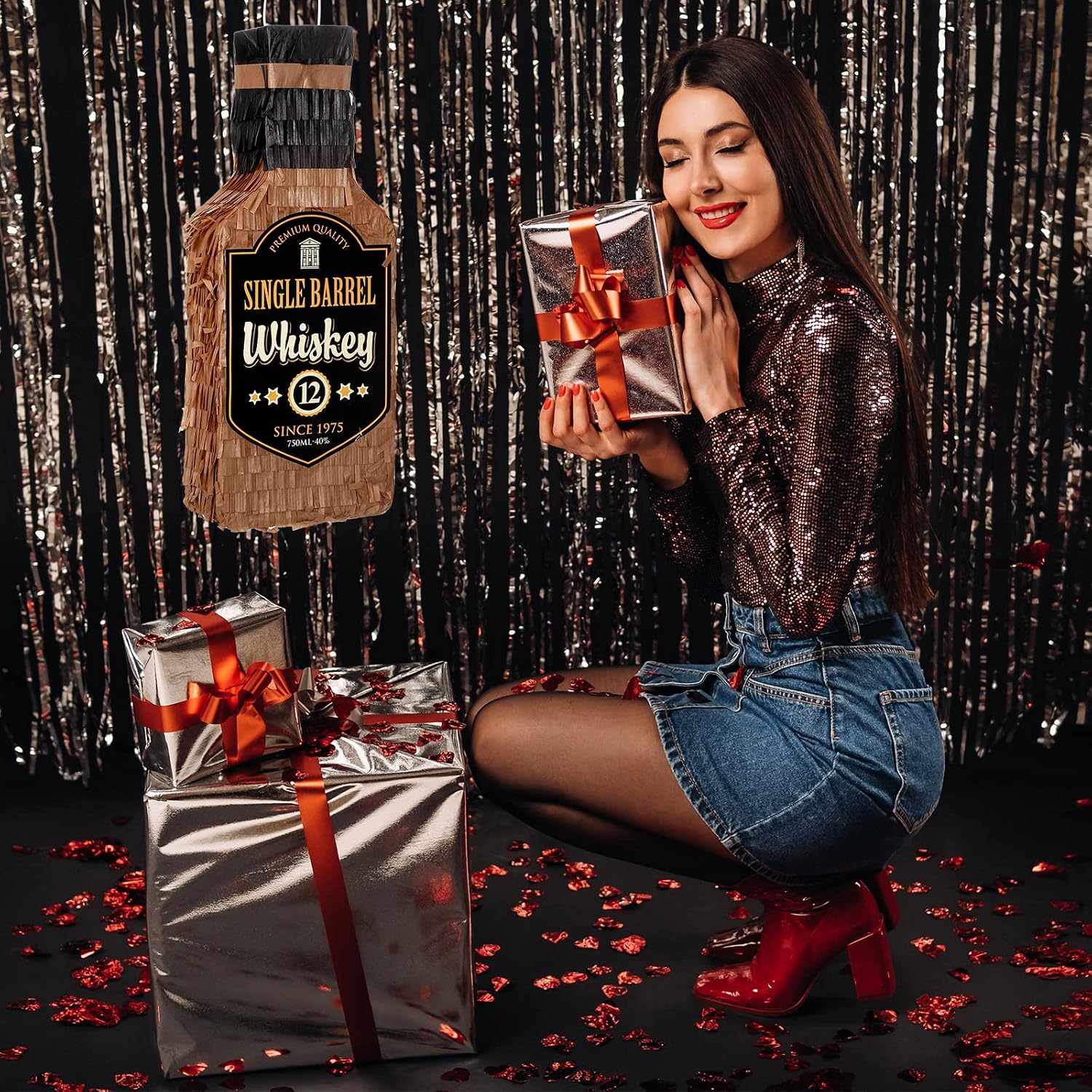Sratte Brown Whiskey Bottle Piñata with Stick 16 x 6.3 x 3 Inch Piñata Decorations for Whiskey Birthday Party Adults Party Valentines Wedding Birthday Funny Anniversary Supplies